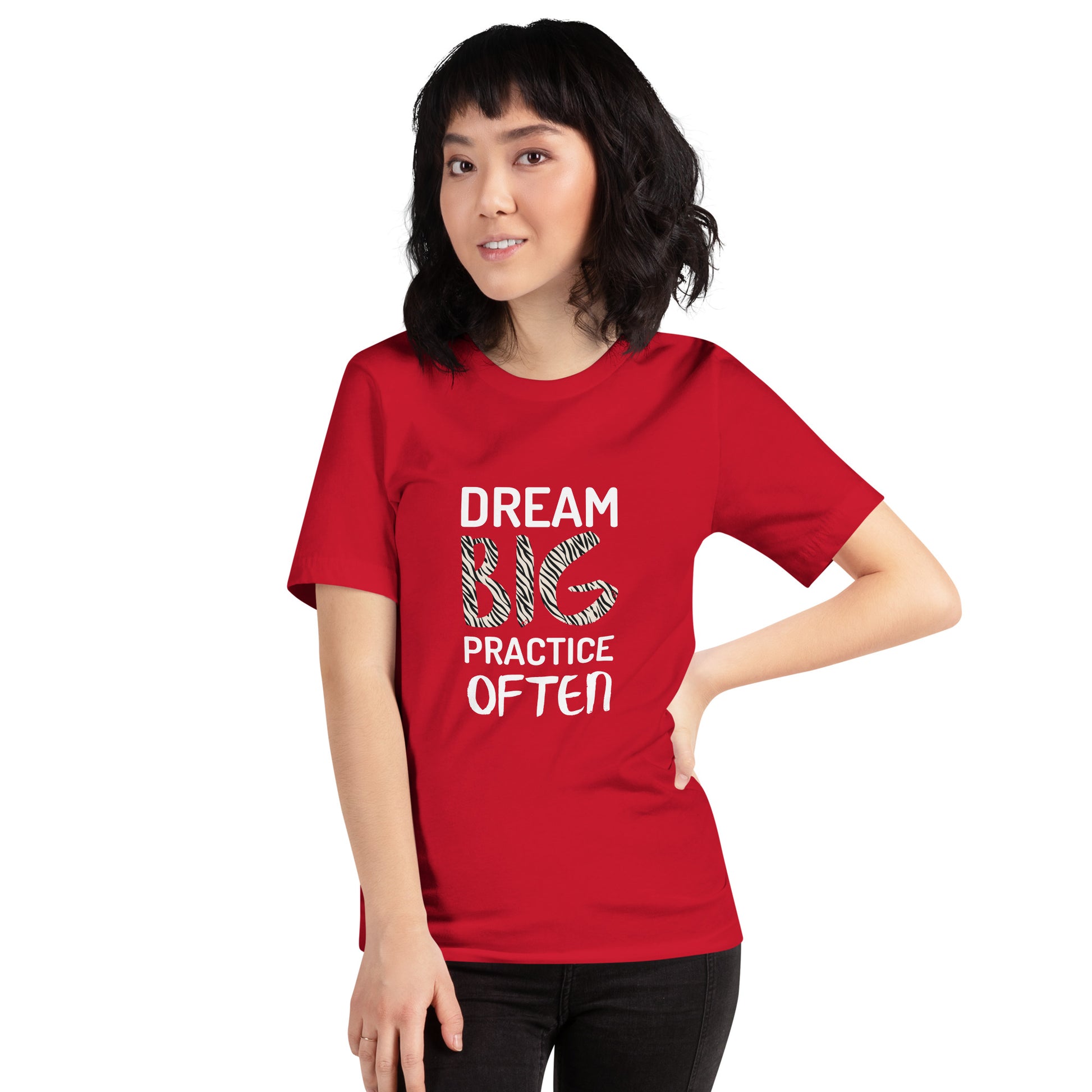 Red adult unisex t-shirt featuring the phrase "Dream Big, Practice Often".