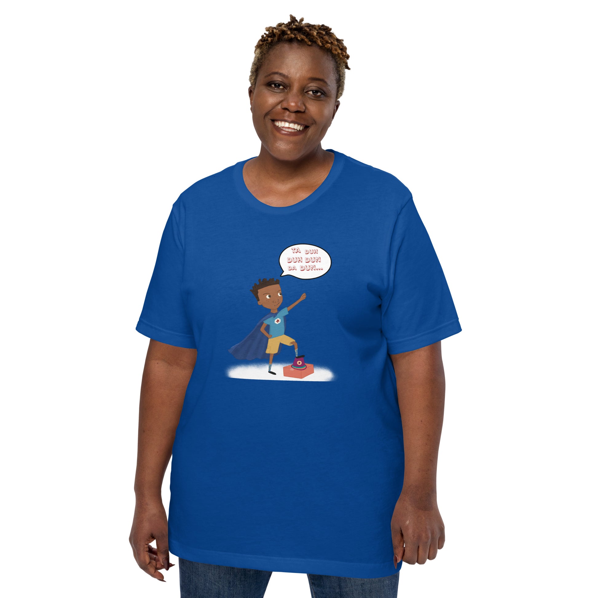 Royal Blue adult unisex t-shirt with an image of the main character from Crystel Patterson's "Superheroes Here and There" wearing a cape (front) and the text "Superheroes Look Like Me" (back).