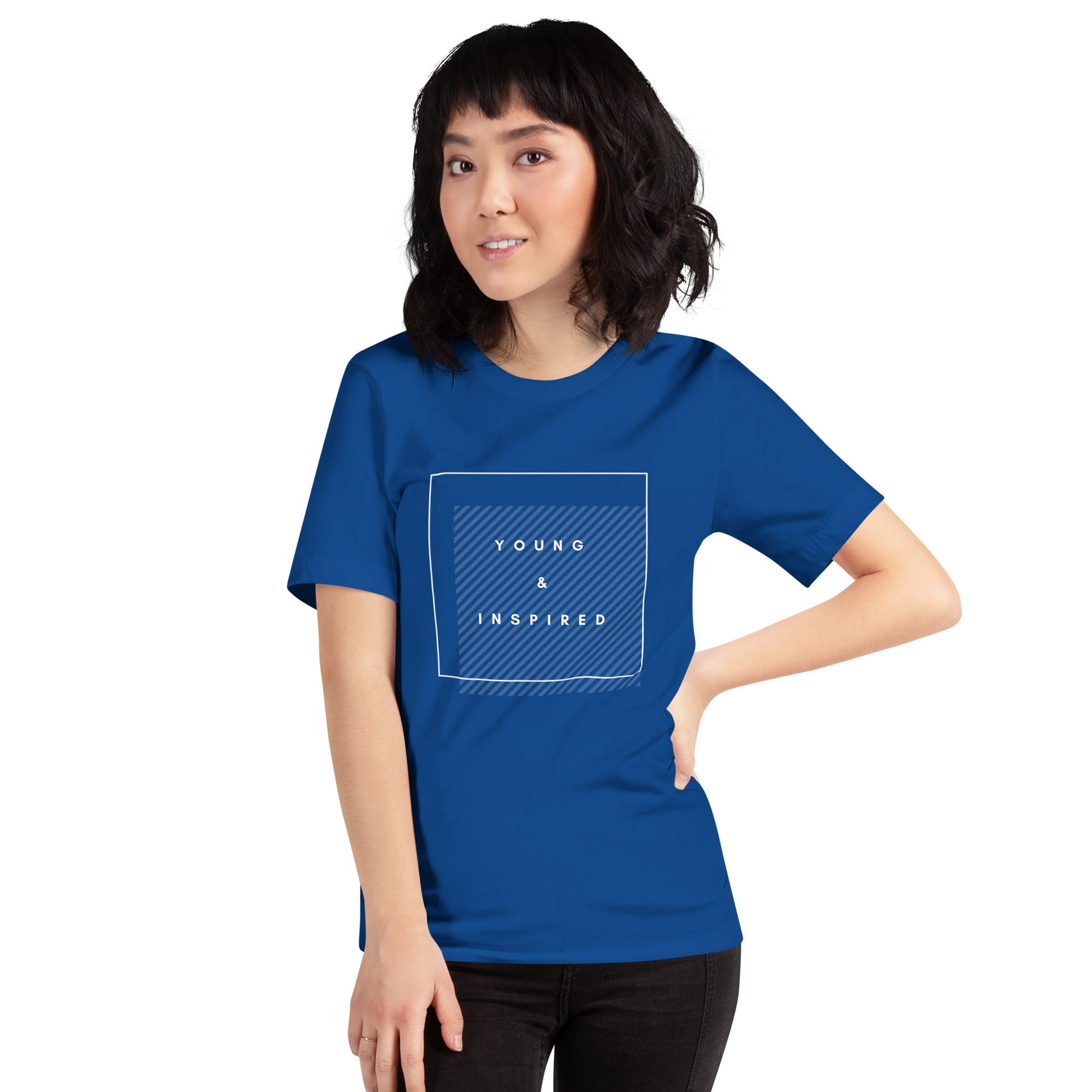 Royal blue adult unisex t-shirt with the text "Young & Inspired", representing Crystel Patterson's "Inspired to Be..." children's book series.