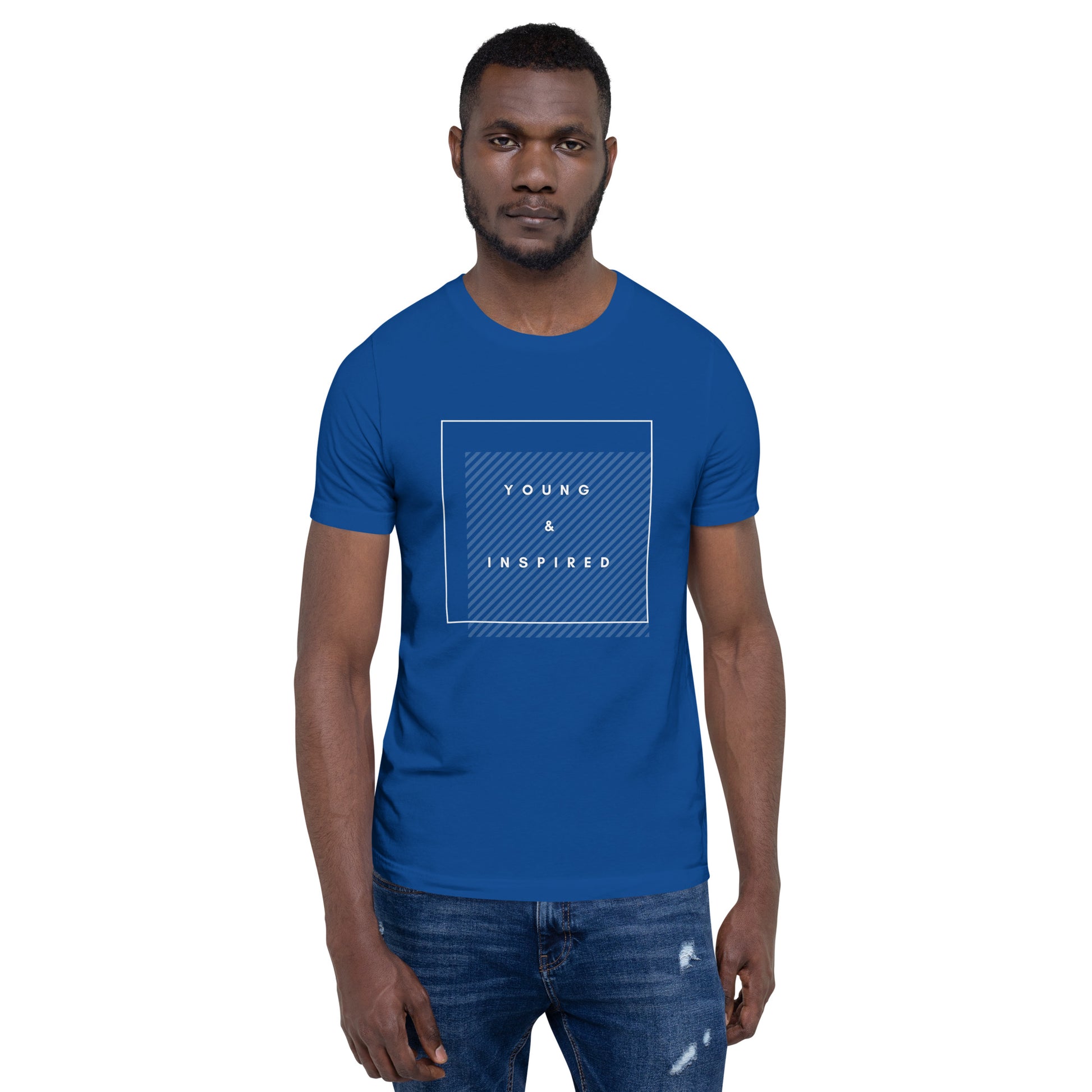 Royal blue adult unisex t-shirt with the text "Young & Inspired", representing Crystel Patterson's "Inspired to Be..." children's book series.
