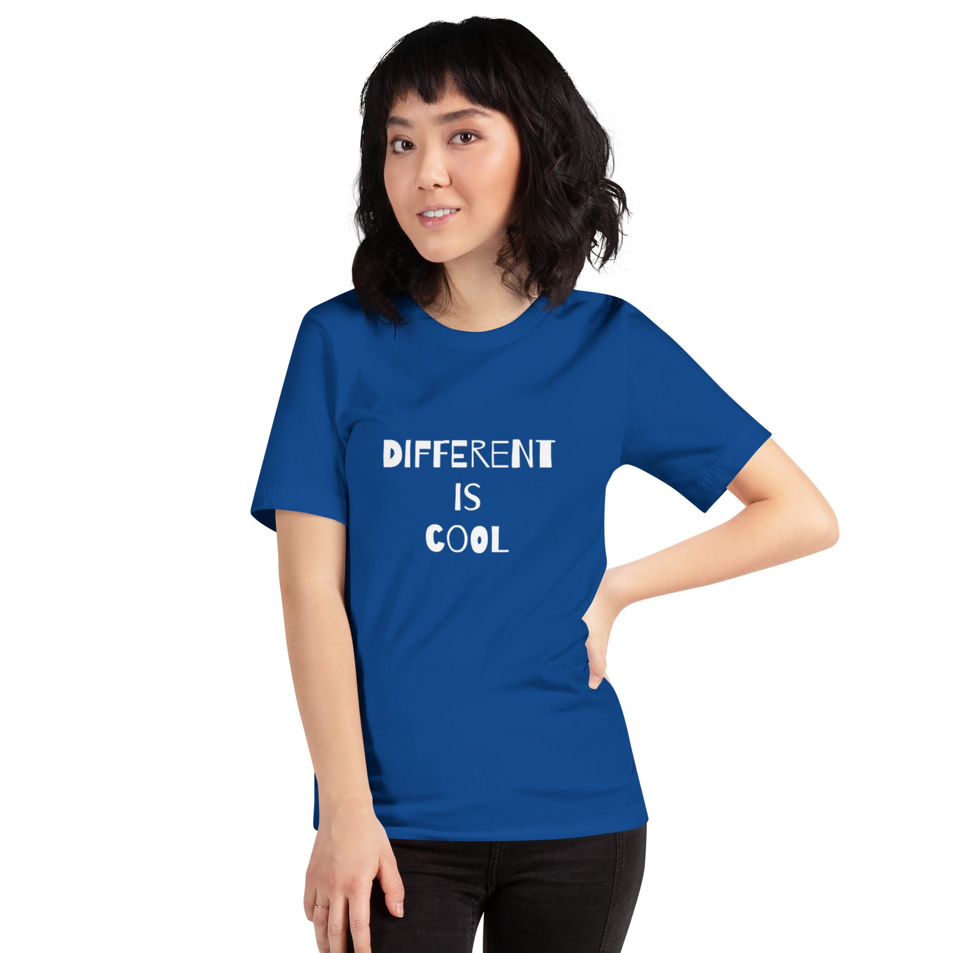 Royal blue adult unisex t-shirt with the text "Different is Cool"