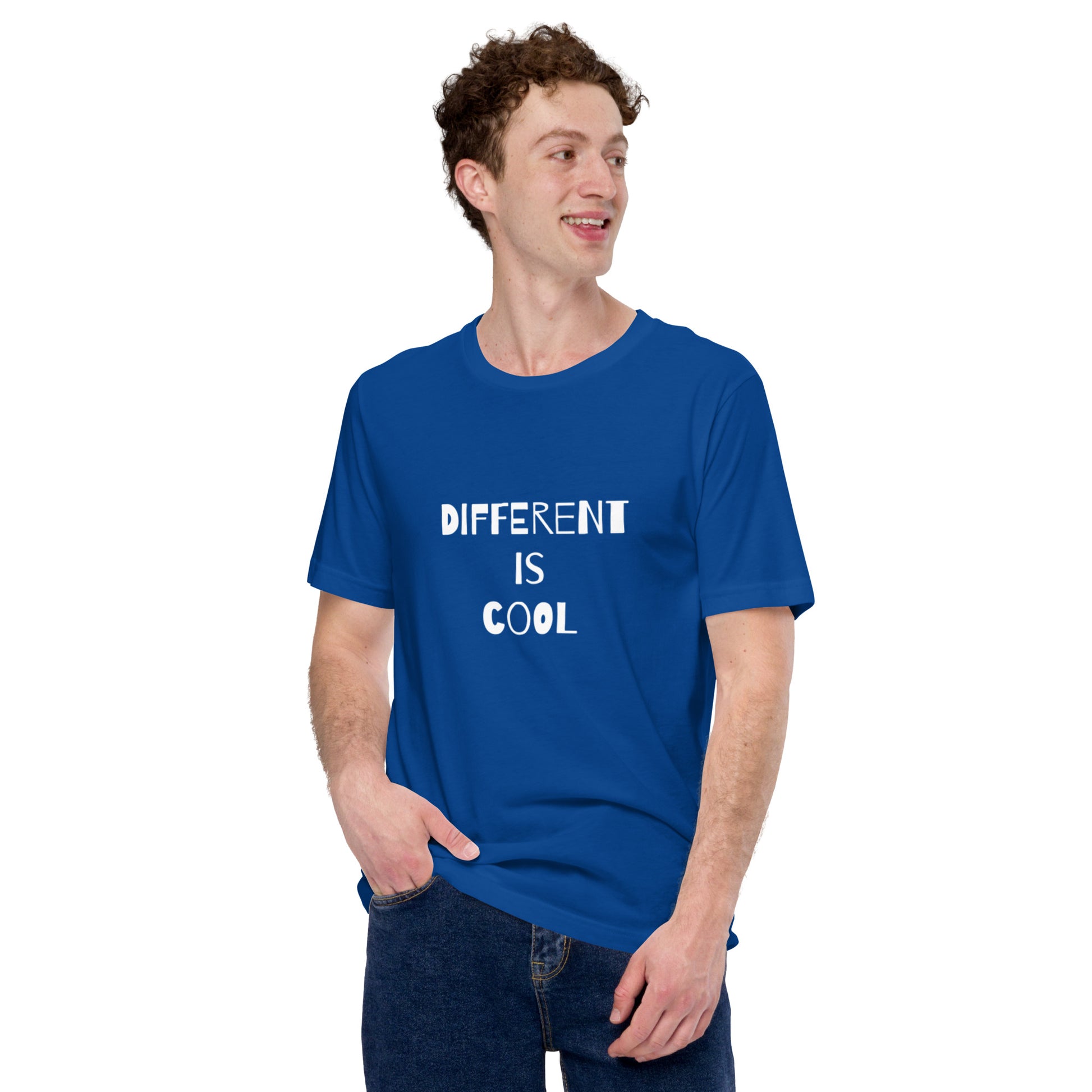 Royal blue adult unisex t-shirt with the text "Different is Cool"