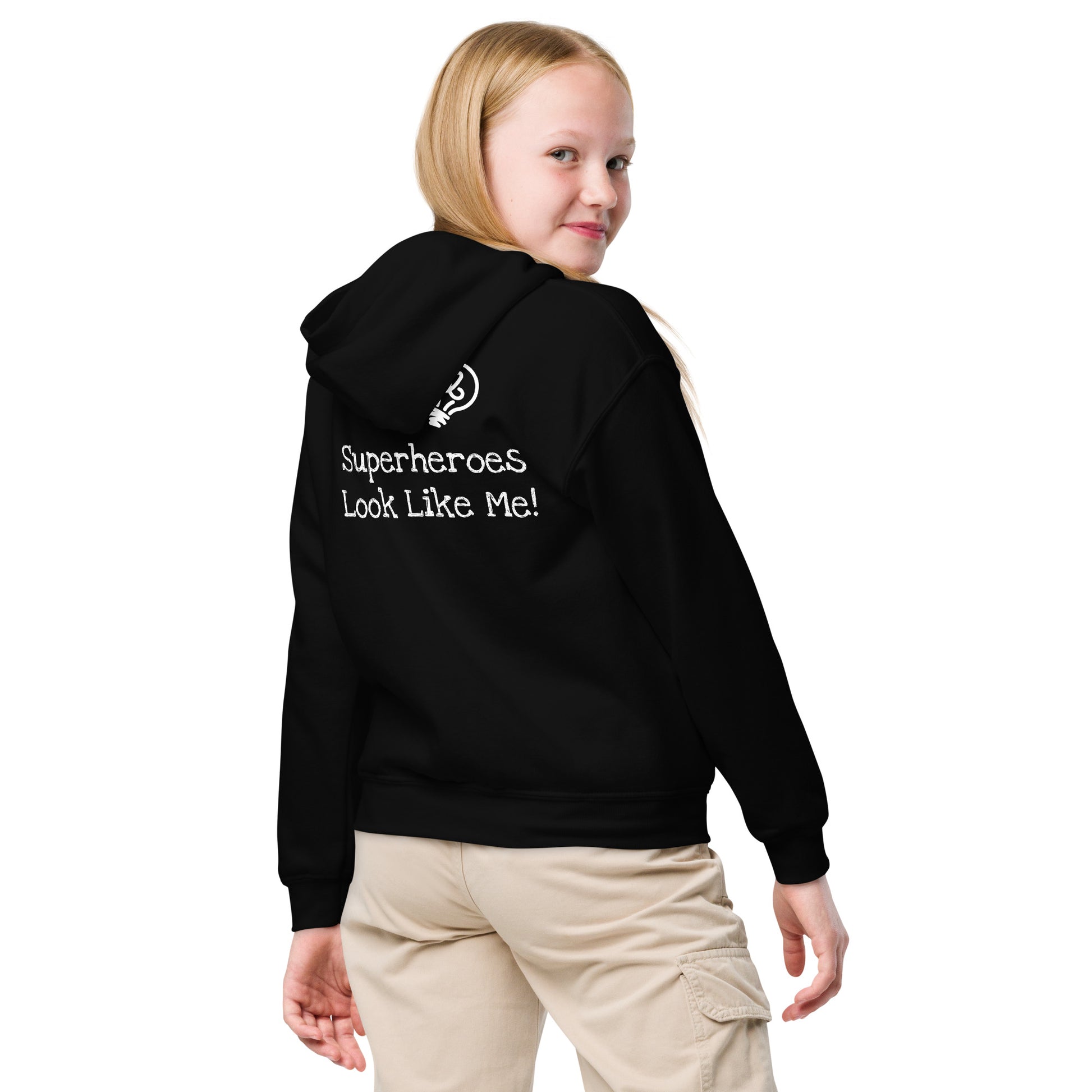 Black kids' hoodie with an image of the main character from Crystel Patterson's "Superheroes Here and There" wearing a cape (front) and the text "Superheroes Look Like Me" (back).
