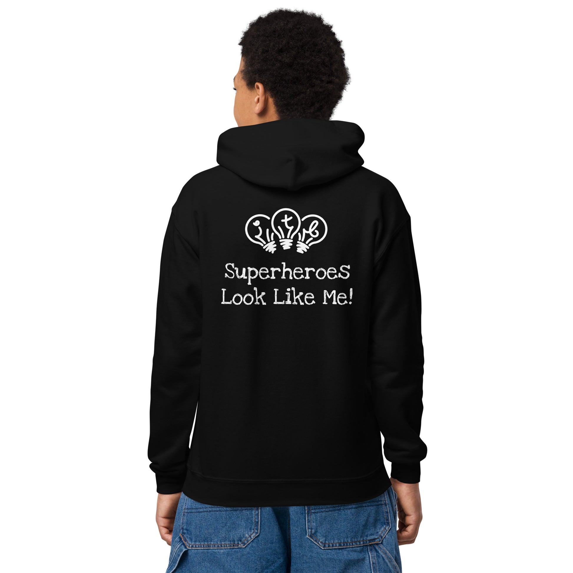 Black kids' hoodie with an image of the main character from Crystel Patterson's "Superheroes Here and There" wearing a cape (front) and the text "Superheroes Look Like Me" (back).