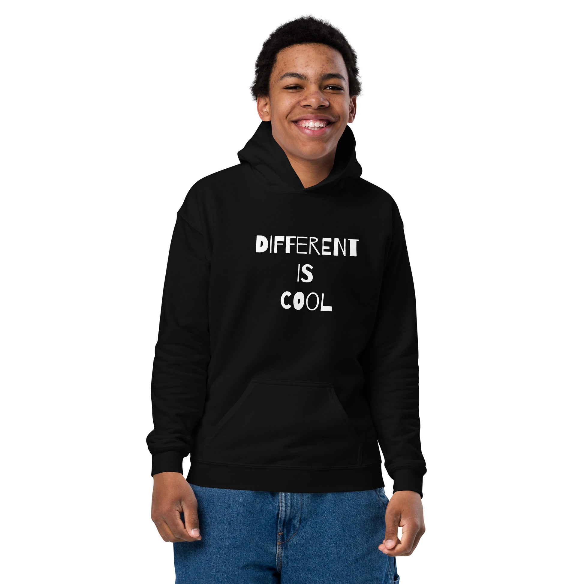 Black youth hoodie with the text "Different is Cool"