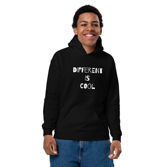 Black youth hoodie with the text "Different is Cool"