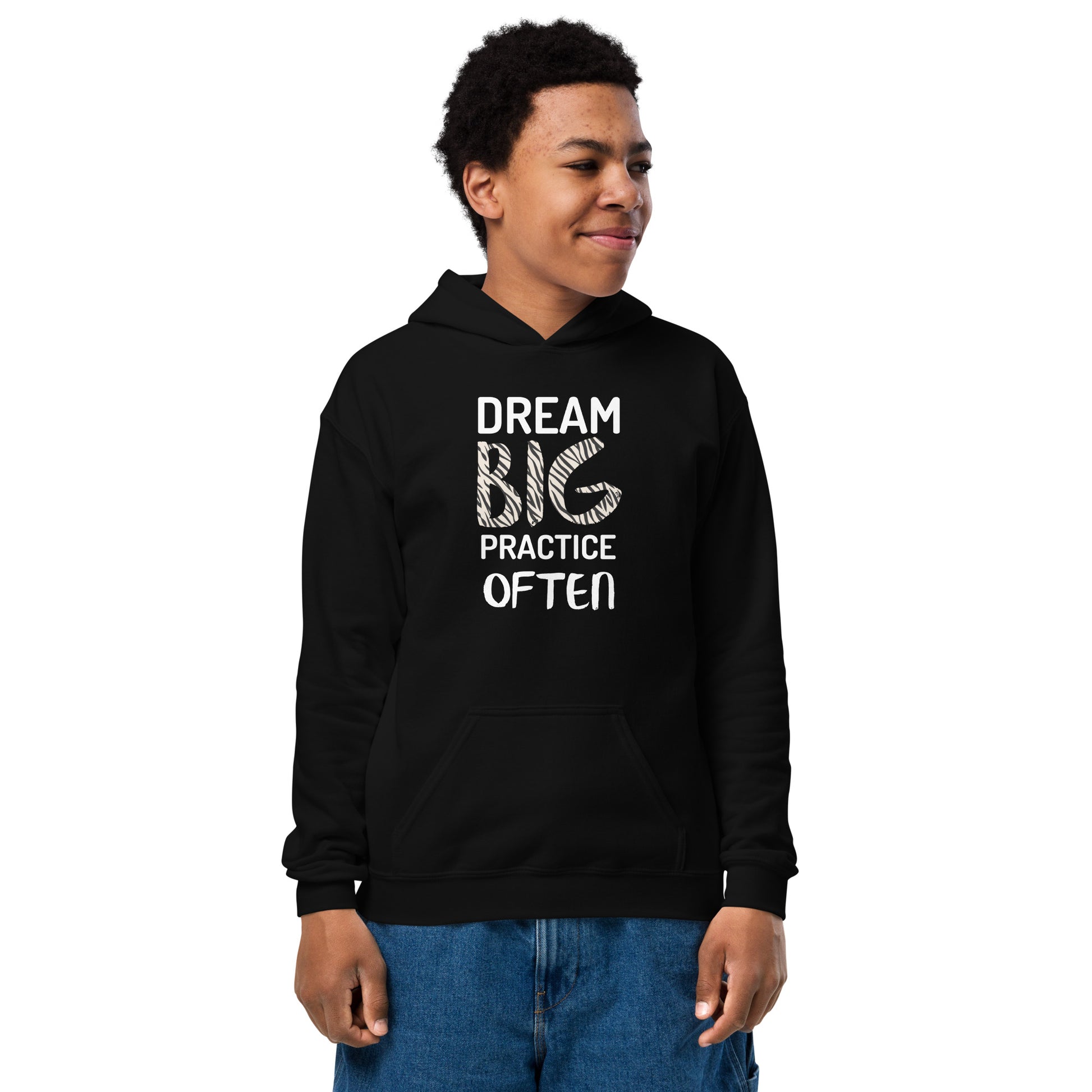 Black youth hoodie featuring the phrase "Dream Big, Practice Often".