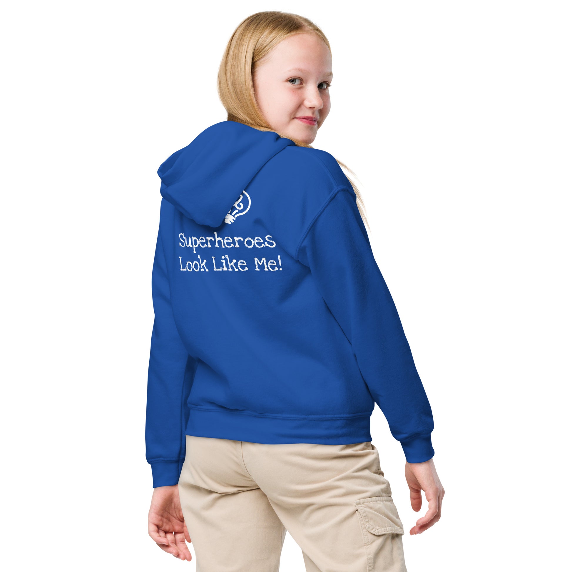 Royal blue kids' hoodie with an image of the main character from Crystel Patterson's "Superheroes Here and There" wearing a cape (front) and the text "Superheroes Look Like Me" (back).