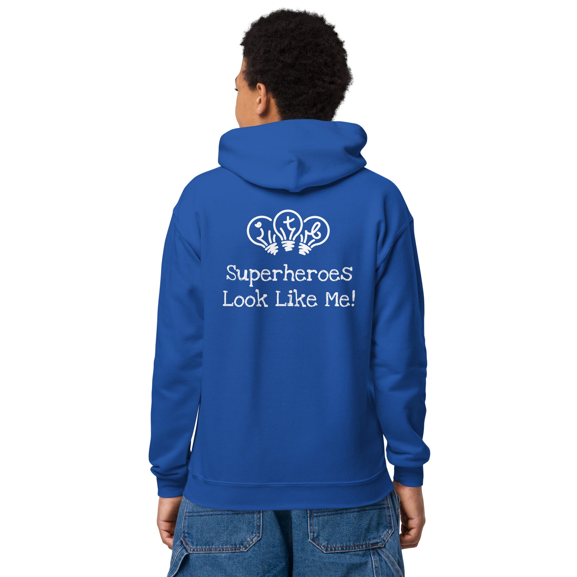 Royal blue kids' hoodie with an image of the main character from Crystel Patterson's "Superheroes Here and There" wearing a cape (front) and the text "Superheroes Look Like Me" (back).