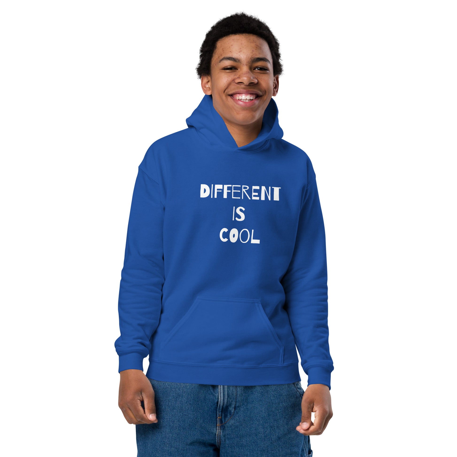 Royal blue youth hoodie with the text "Different is Cool"