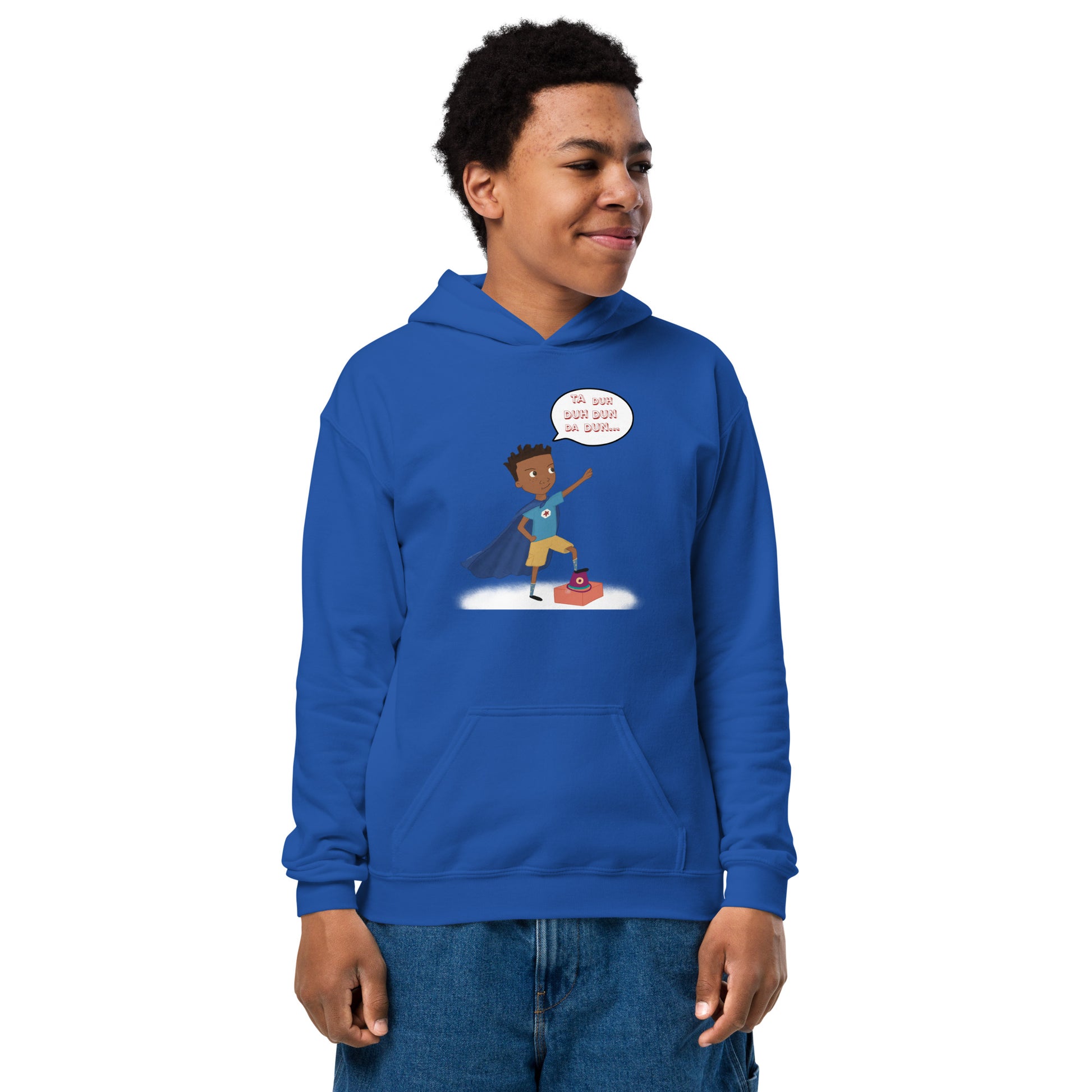 Royal blue kids' hoodie with an image of the main character from Crystel Patterson's "Superheroes Here and There" wearing a cape (front) and the text "Superheroes Look Like Me" (back).
