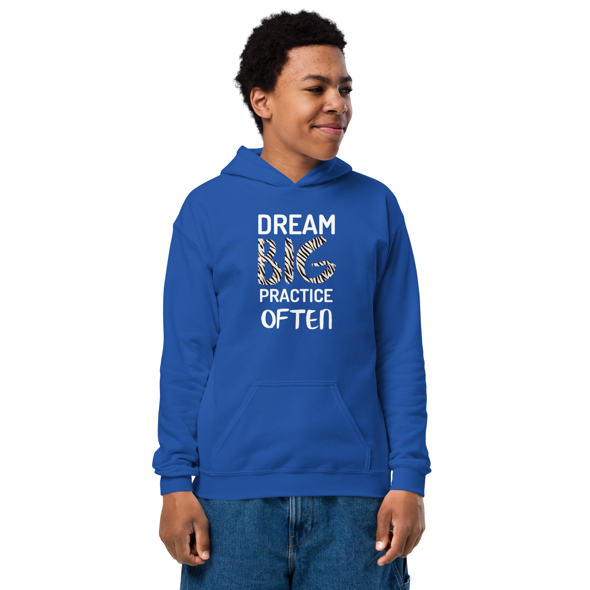 Royal blue youth hoodie featuring the phrase "Dream Big, Practice Often".