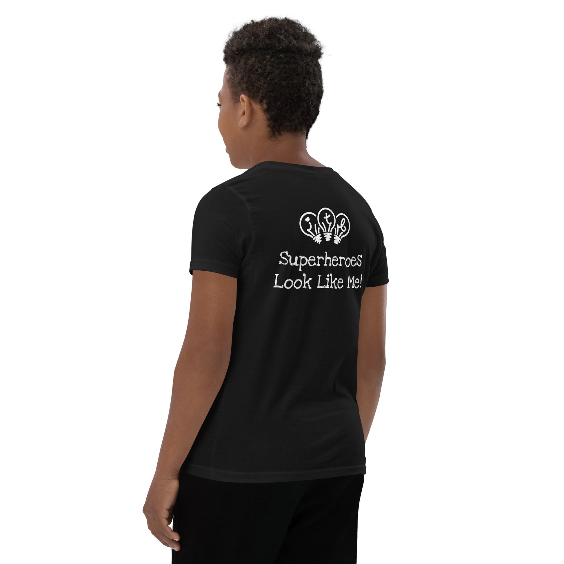 Black youth t-shirt with an image of the main character from Crystel Patterson's "Superheroes Here and There" wearing a cape (front) and the text "Superheroes Look Like Me" (back).