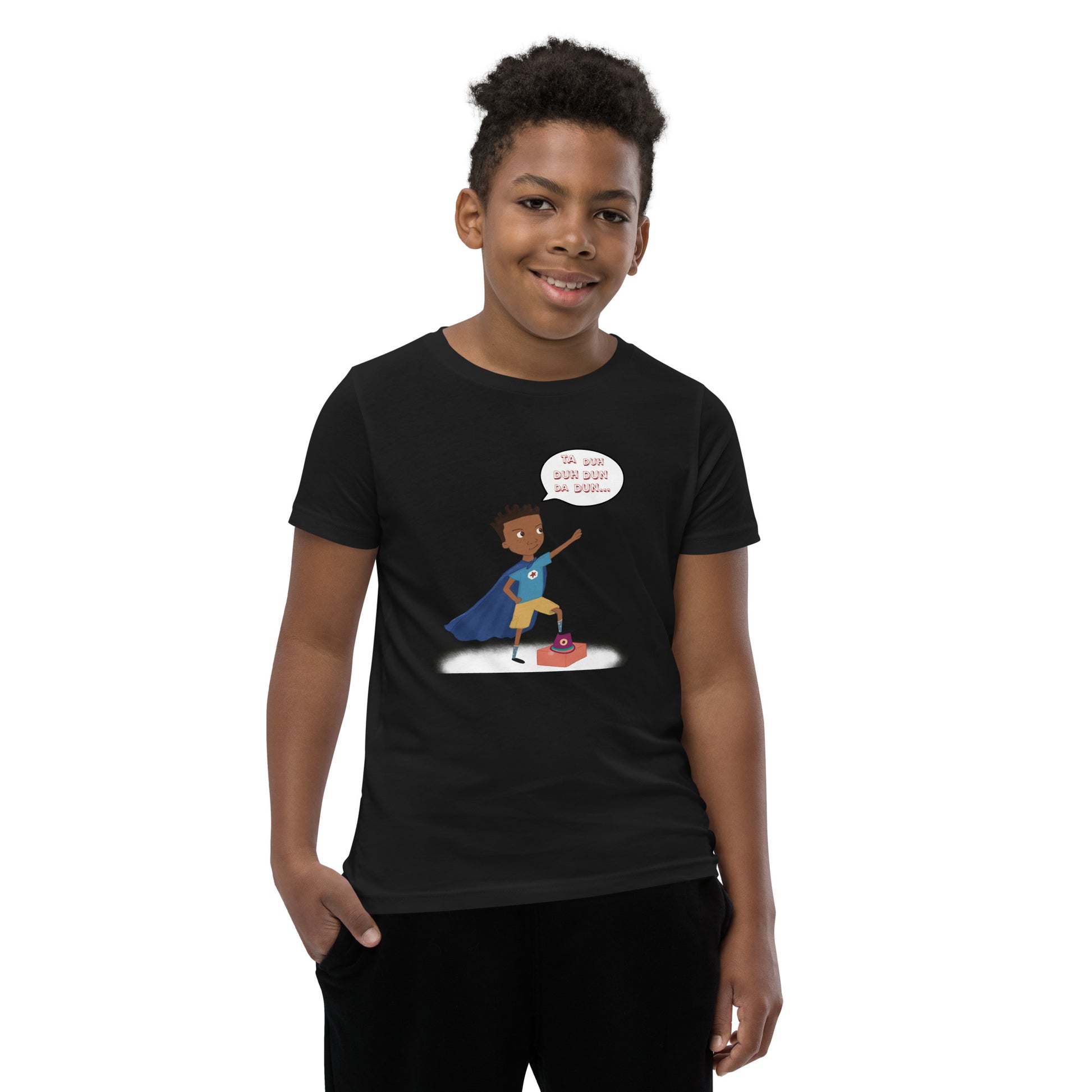 Black youth t-shirt with an image of the main character from Crystel Patterson's "Superheroes Here and There" wearing a cape (front) and the text "Superheroes Look Like Me" (back).