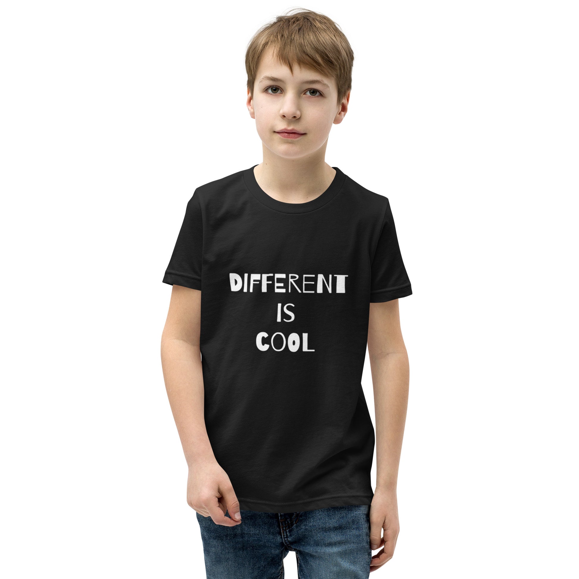Black youth t-shirt with the text "Different is Cool"