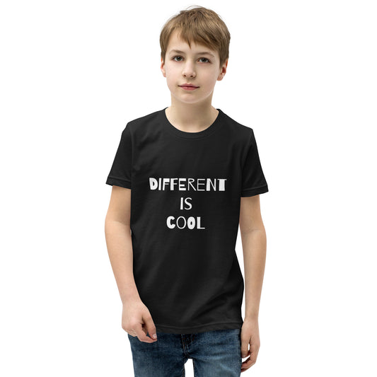Black youth t-shirt with the text "Different is Cool"