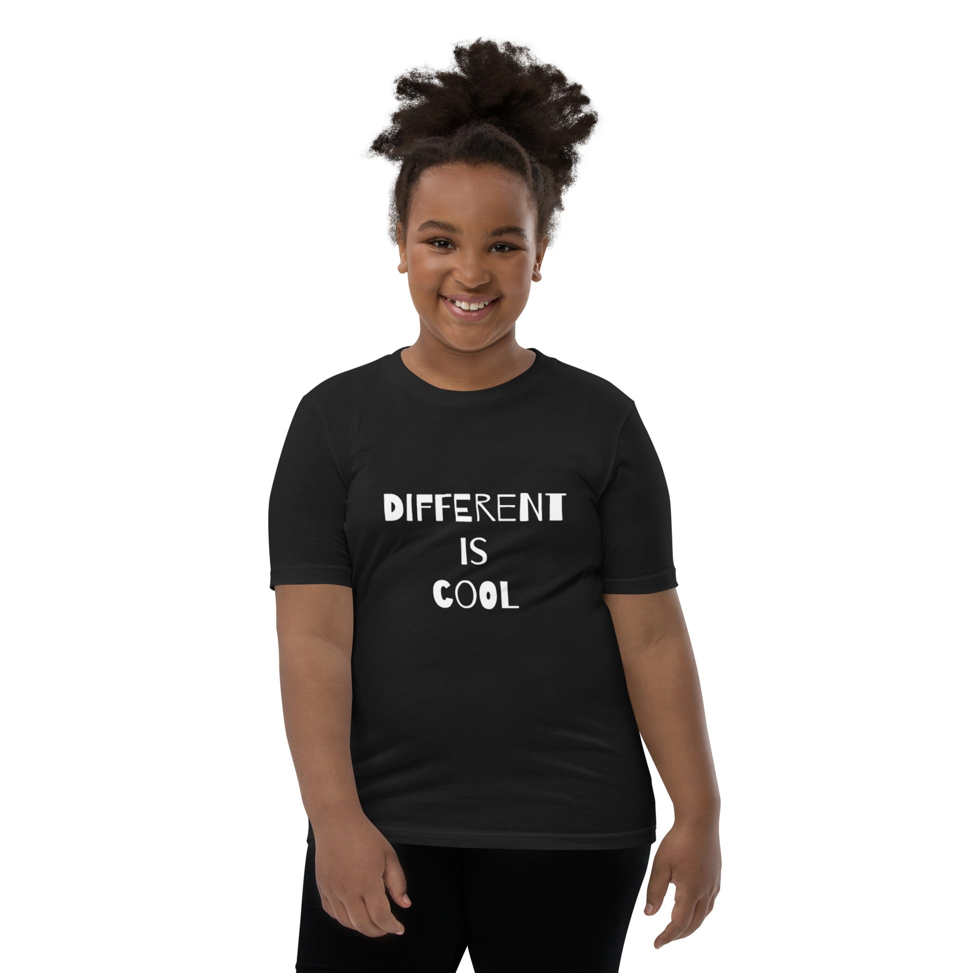Black youth t-shirt with the text "Different is Cool"