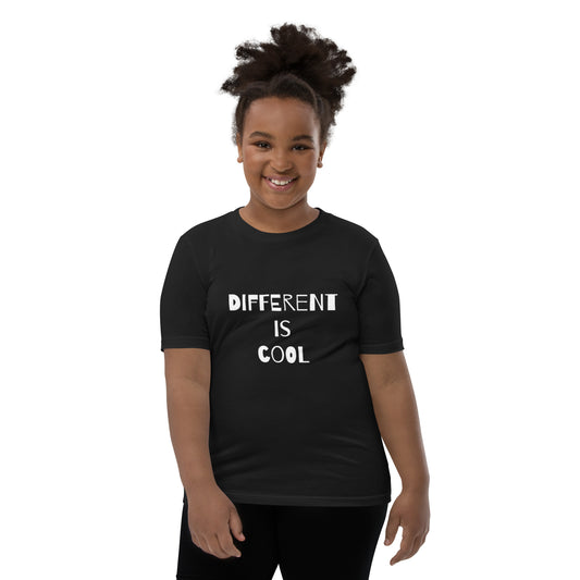Black youth t-shirt with the text "Different is Cool"