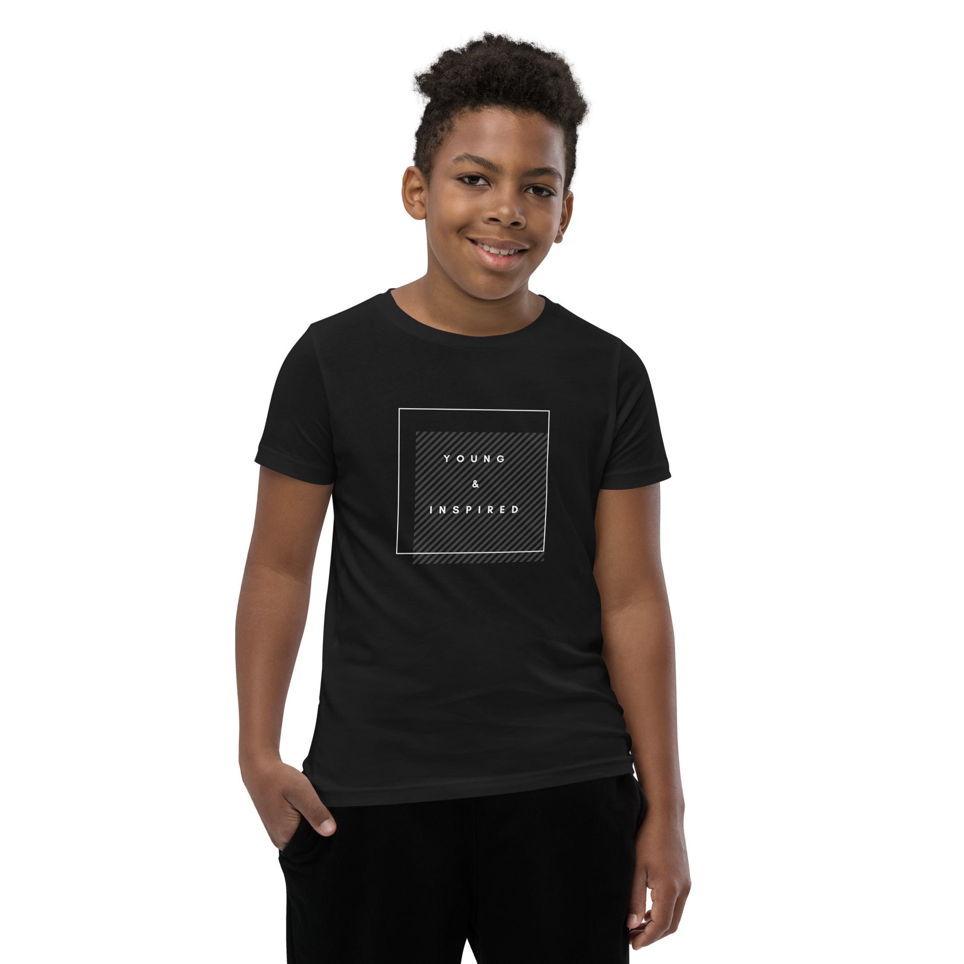 Black youth t-shirt with the text "Young & Inspired", representing Crystel Patterson's "Inspired to Be..." children's book series.