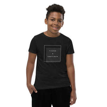 Black youth t-shirt with the text "Young & Inspired", representing Crystel Patterson's "Inspired to Be..." children's book series.
