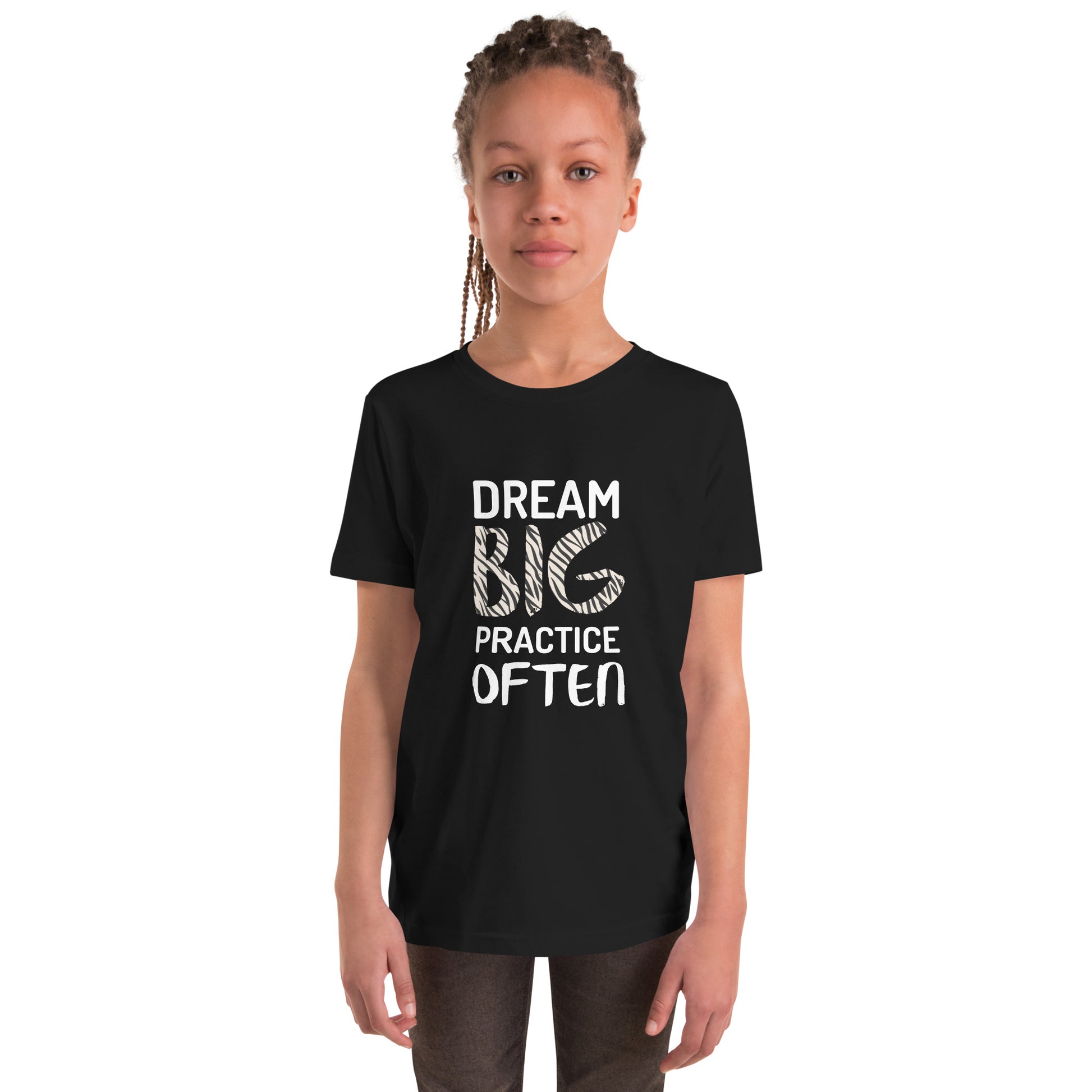 Black youth t-shirt featuring the phrase "Dream Big, Practice Often".