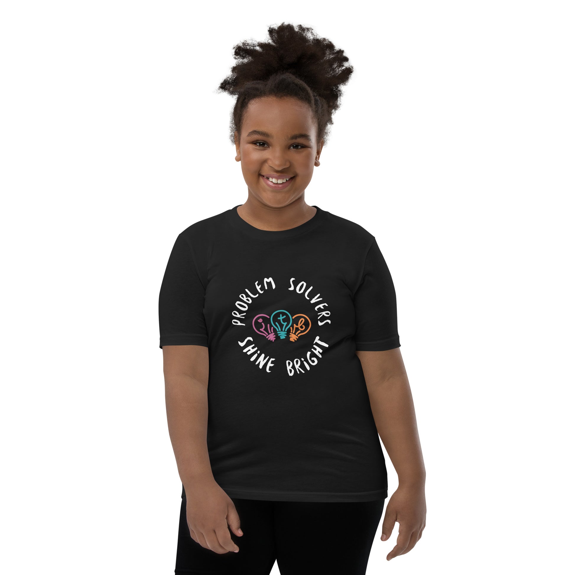 Black youth t-shirt with the text "Problem Solvers Shine Bright"