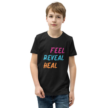 Black youth t-shirt with the phrase "Feel, Reveal, Heal".