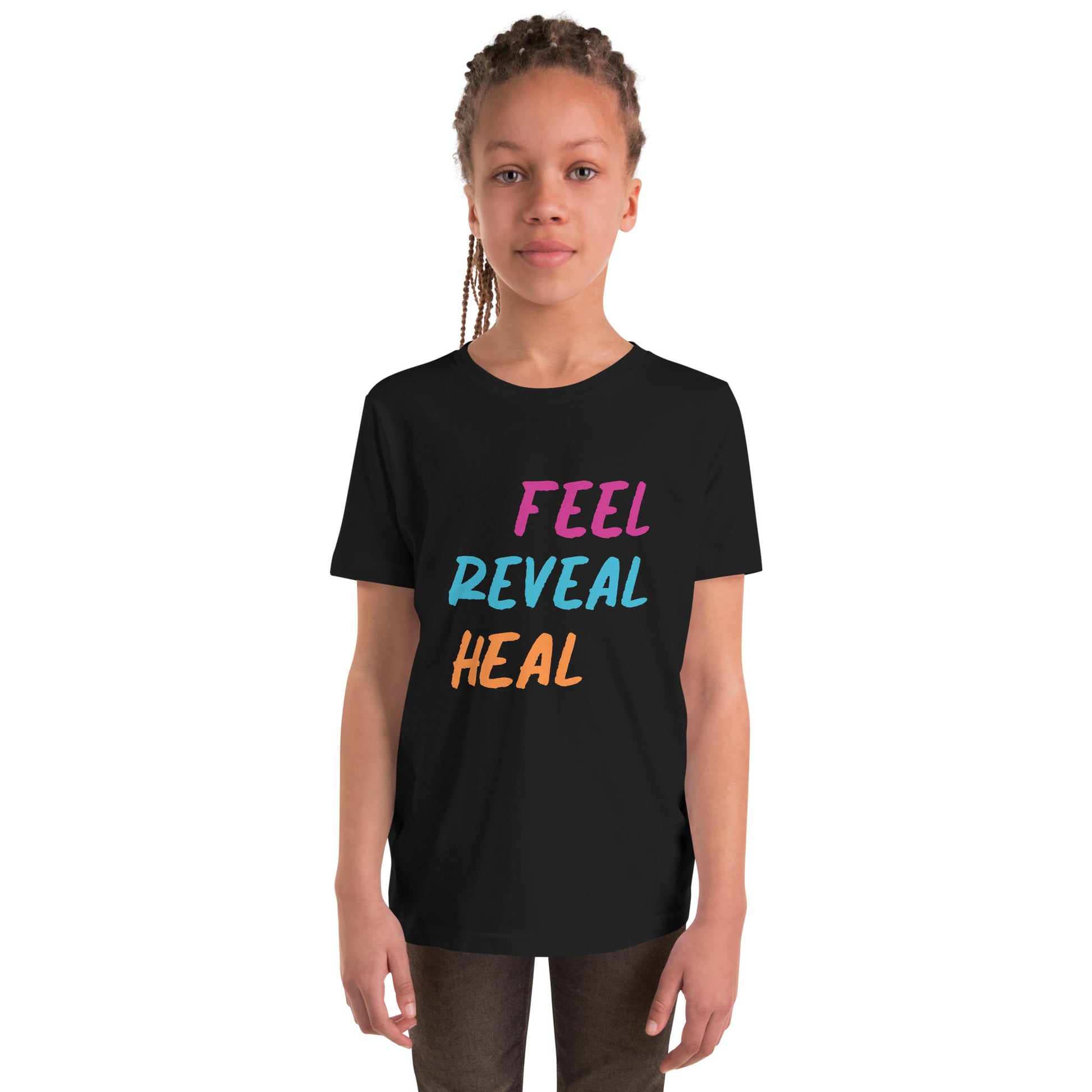 Black youth t-shirt with the phrase "Feel, Reveal, Heal".