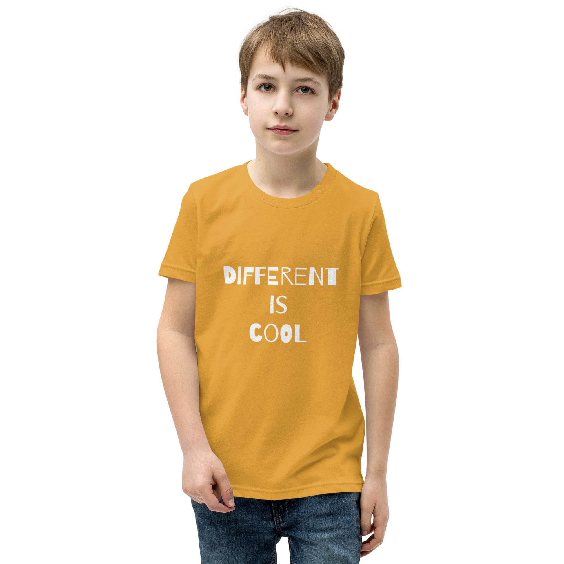 Mustard youth t-shirt with the text "Different is Cool"