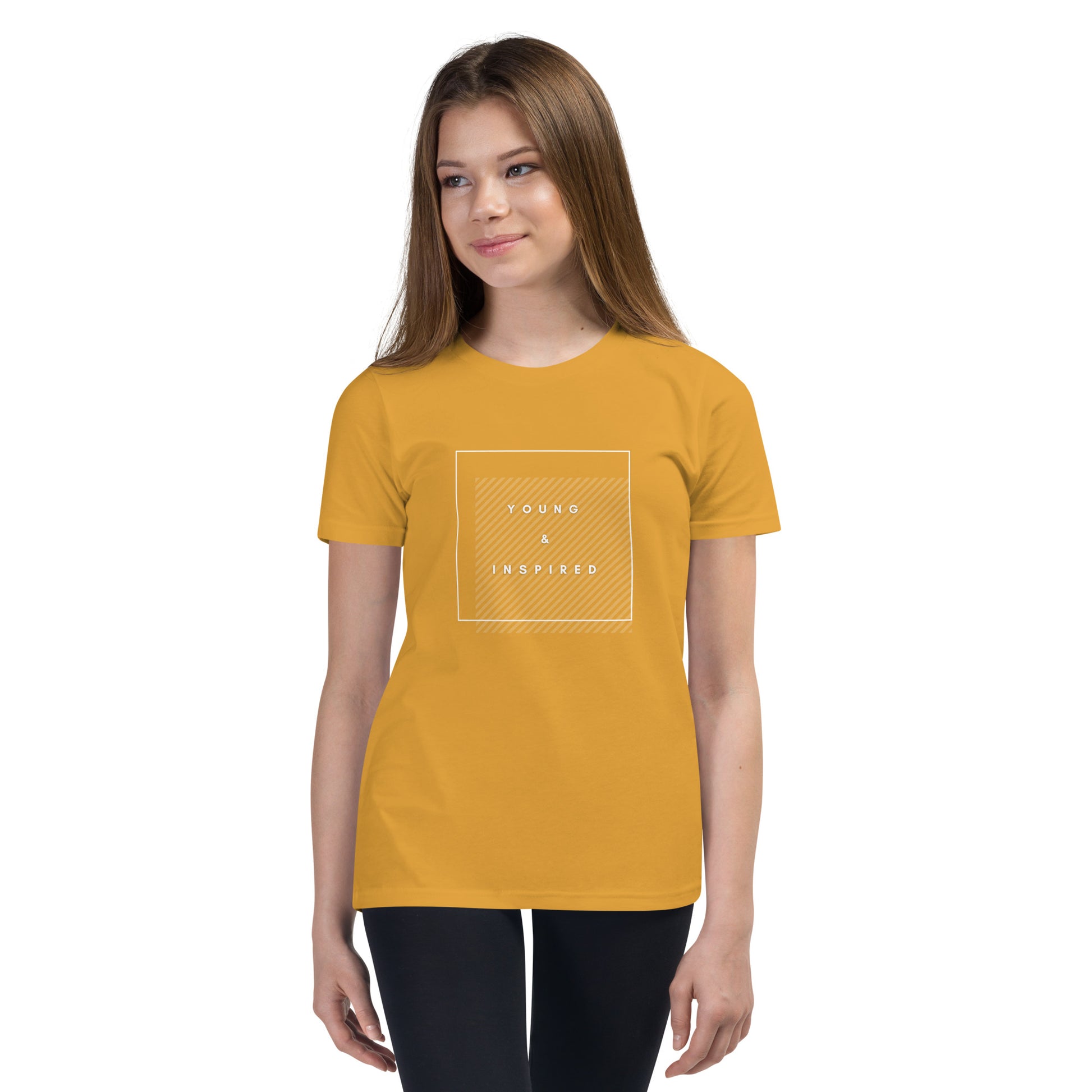Mustard youth t-shirt with the text "Young & Inspired", representing Crystel Patterson's "Inspired to Be..." children's book series.