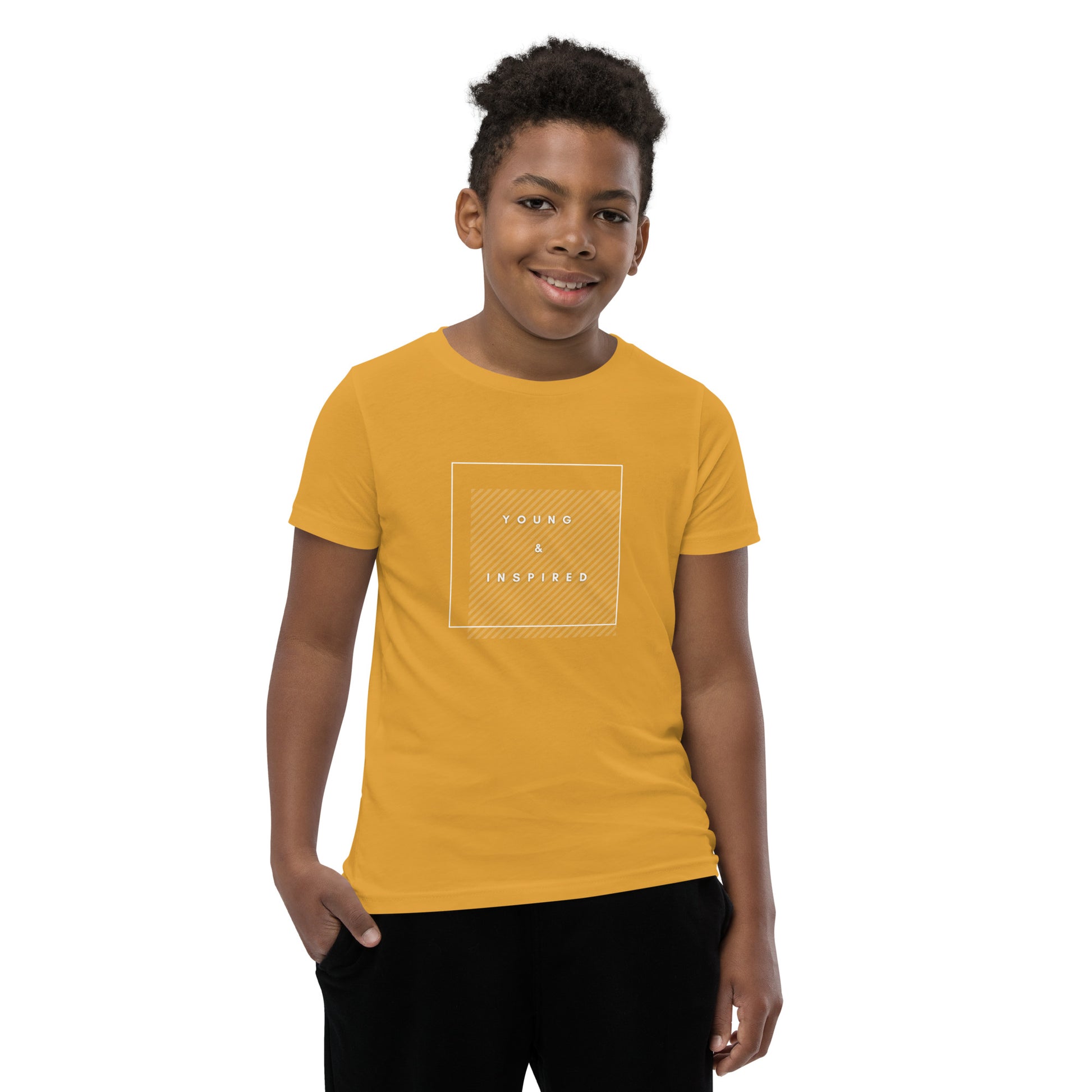 Mustard youth t-shirt with the text "Young & Inspired", representing Crystel Patterson's "Inspired to Be..." children's book series.