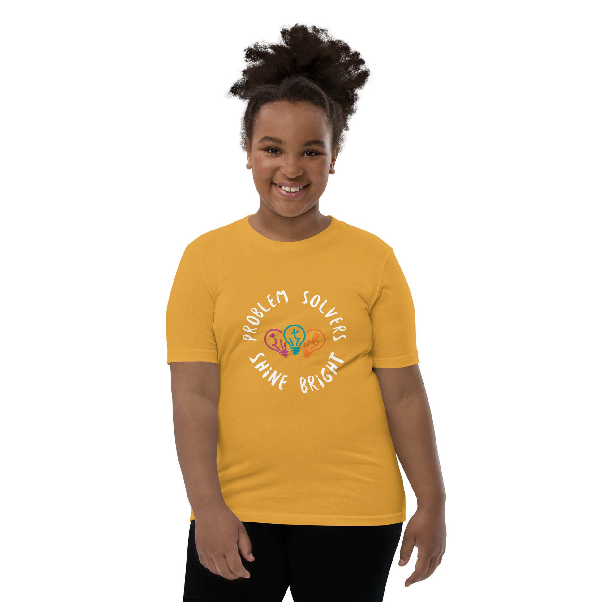 Mustard youth t-shirt with the text "Problem Solvers Shine Bright"