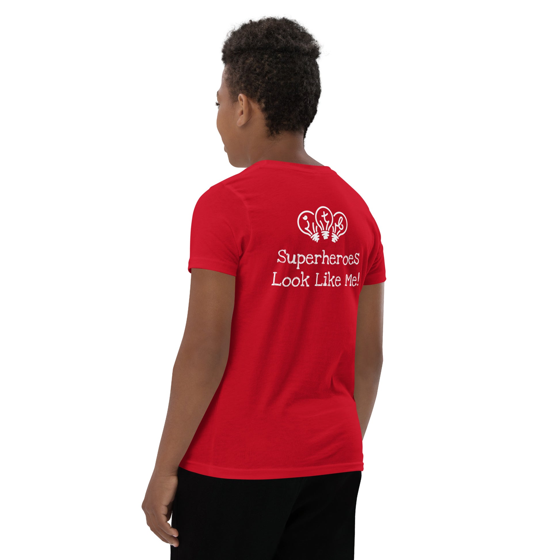 Red youth t-shirt with an image of the main character from Crystel Patterson's "Superheroes Here and There" wearing a cape (front) and the text "Superheroes Look Like Me" (back).