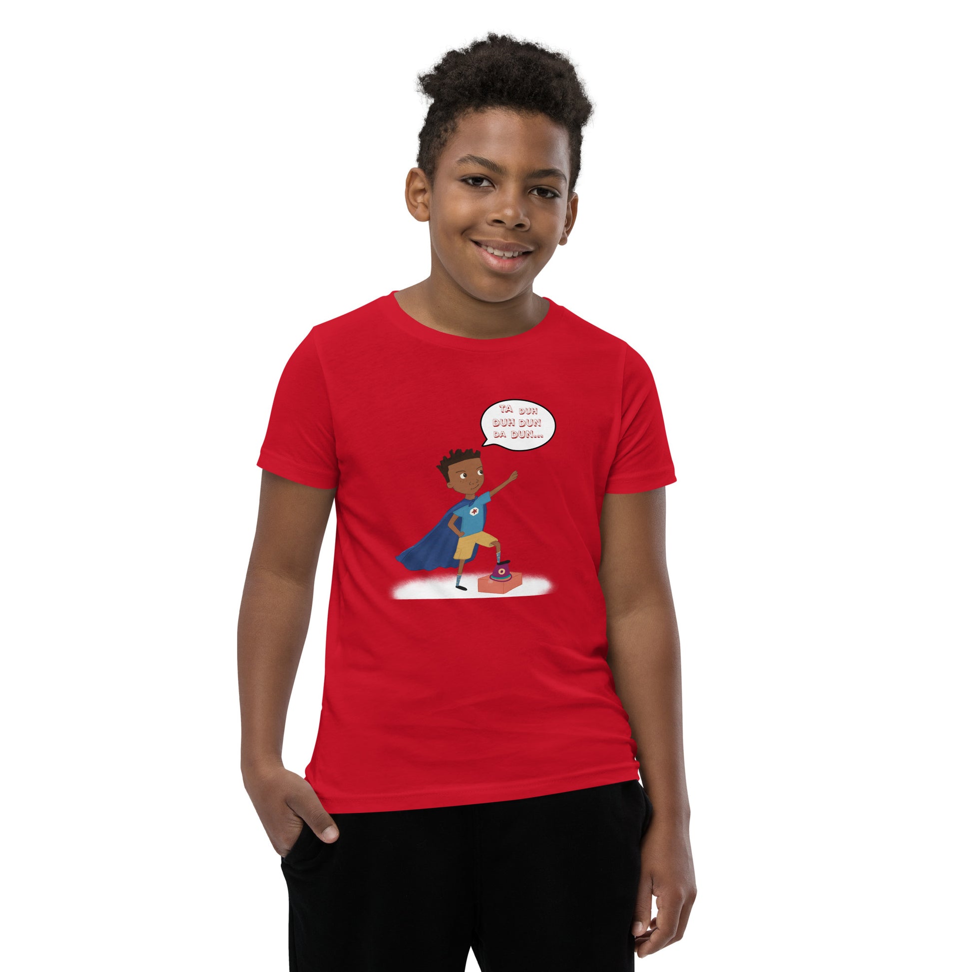 Red youth t-shirt with an image of the main character from Crystel Patterson's "Superheroes Here and There" wearing a cape (front) and the text "Superheroes Look Like Me" (back).
