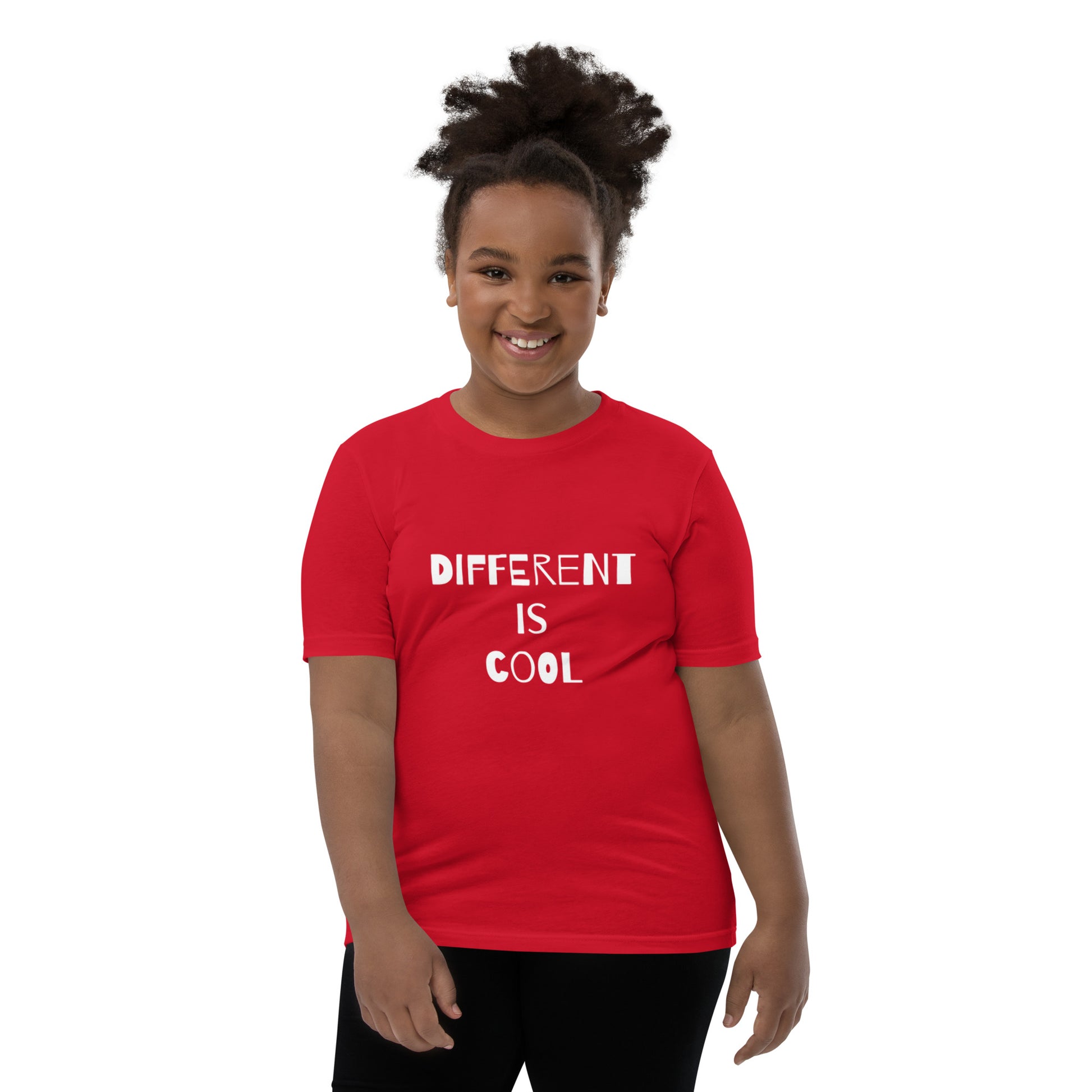 Red youth t-shirt with the text "Different is Cool"