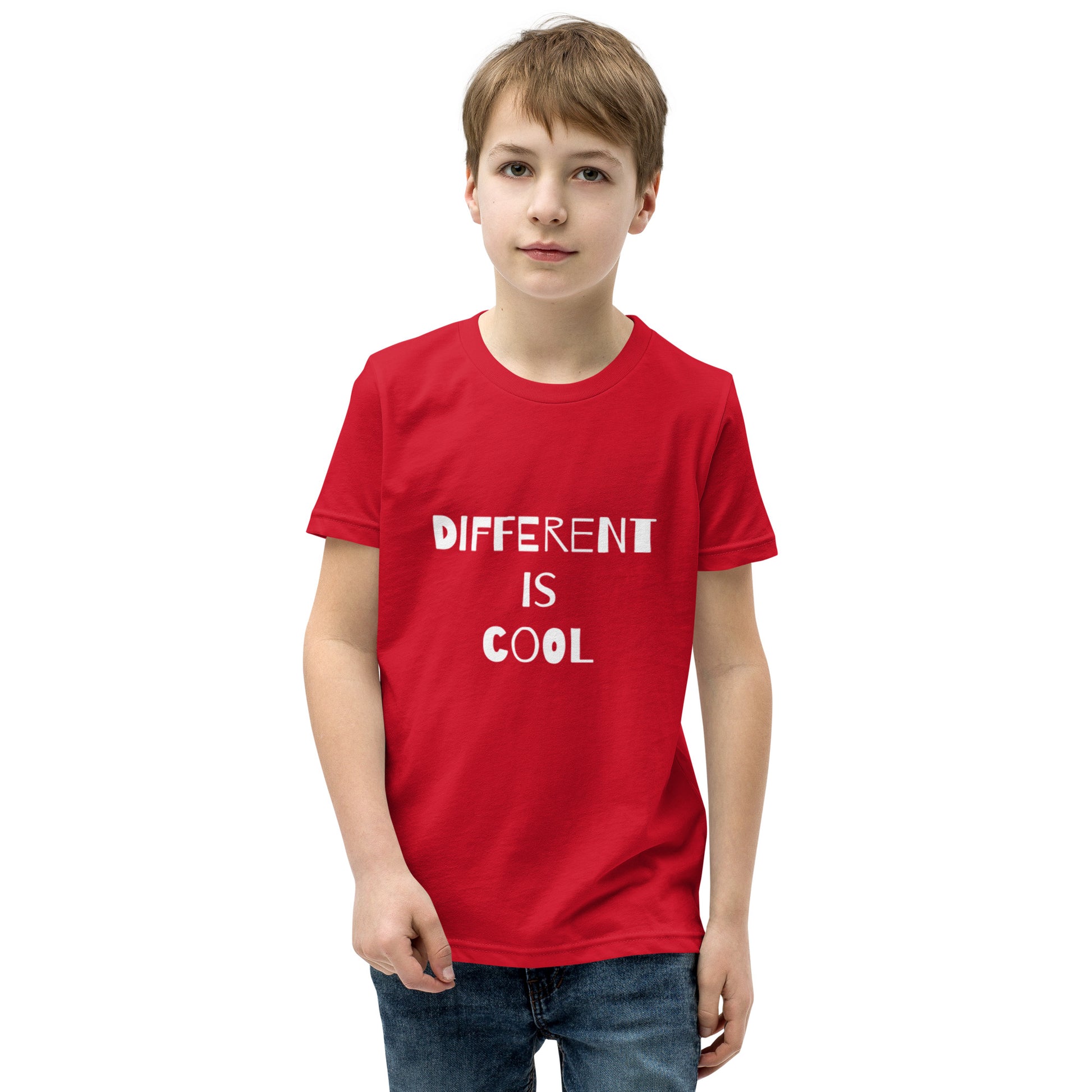 Red youth t-shirt with the text "Different is Cool"
