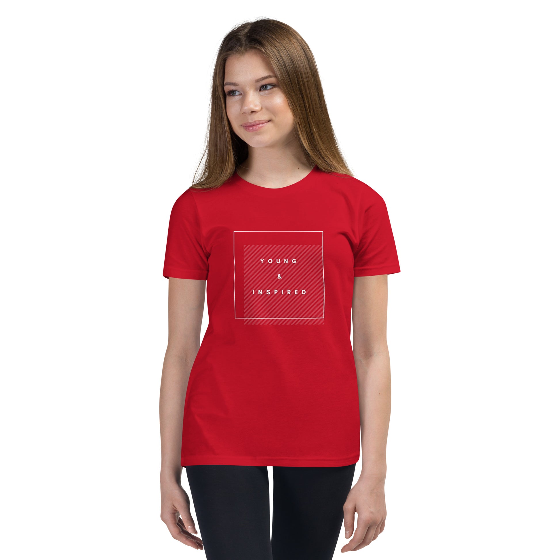 Red youth t-shirt with the text "Young & Inspired", representing Crystel Patterson's "Inspired to Be..." children's book series.