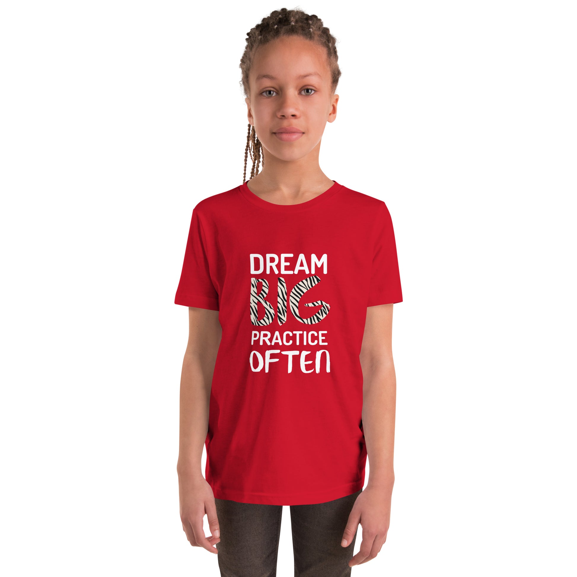 Red youth t-shirt featuring the phrase "Dream Big, Practice Often".