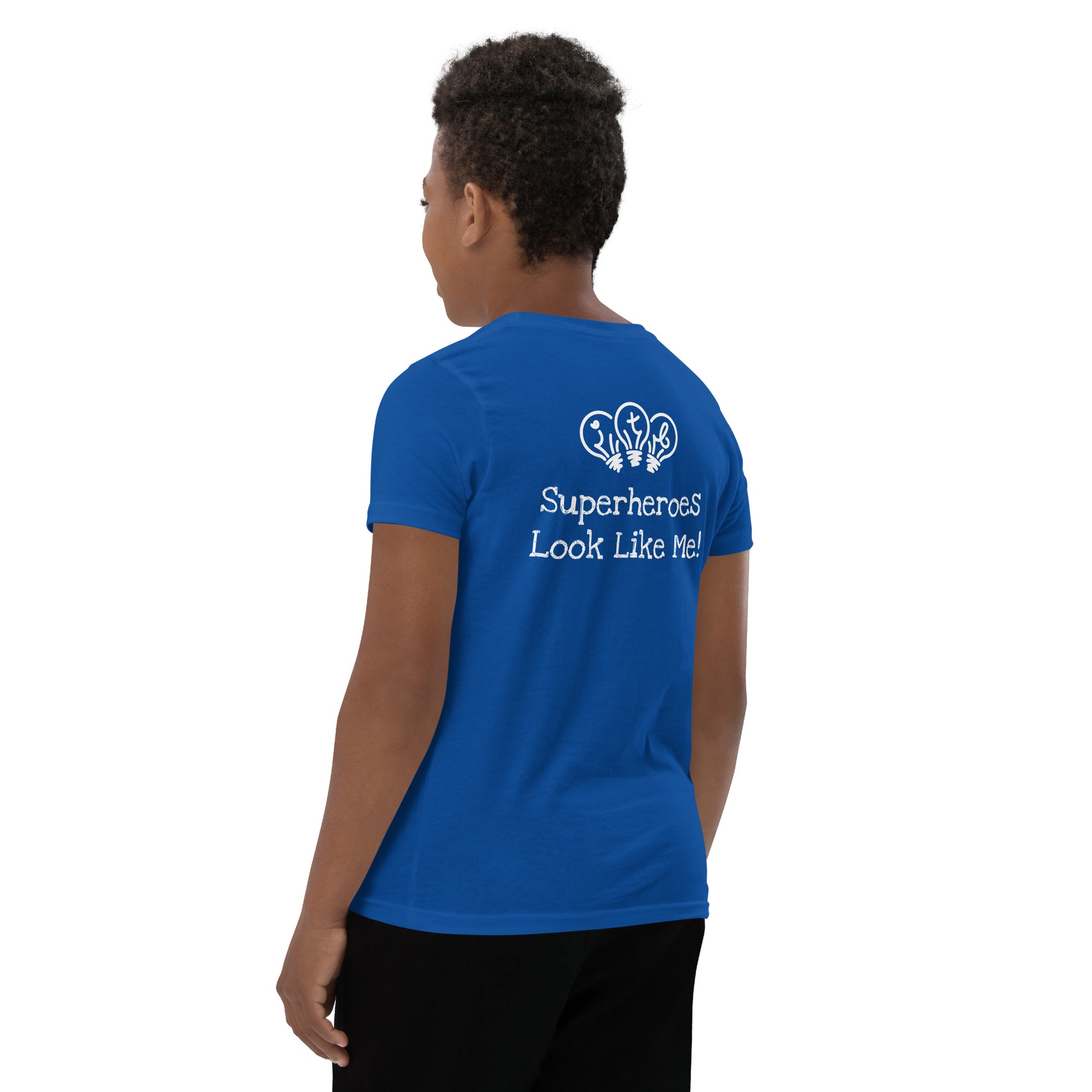 Royal blue youth t-shirt with an image of the main character from Crystel Patterson's "Superheroes Here and There" wearing a cape (front) and the text "Superheroes Look Like Me" (back).