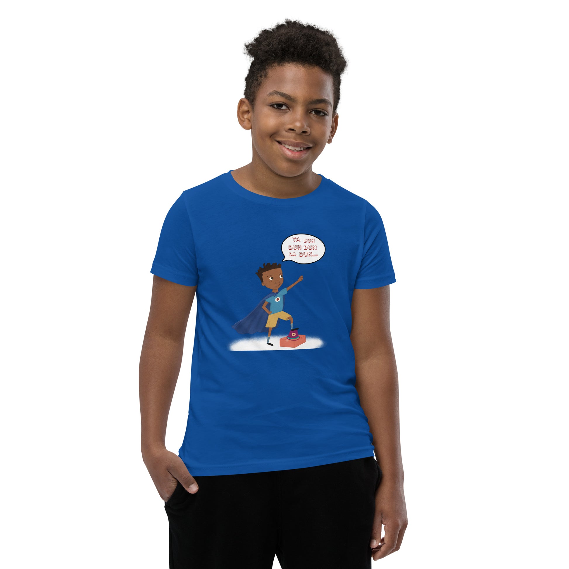 Royal blue youth t-shirt with an image of the main character from Crystel Patterson's "Superheroes Here and There" wearing a cape (front) and the text "Superheroes Look Like Me" (back).
