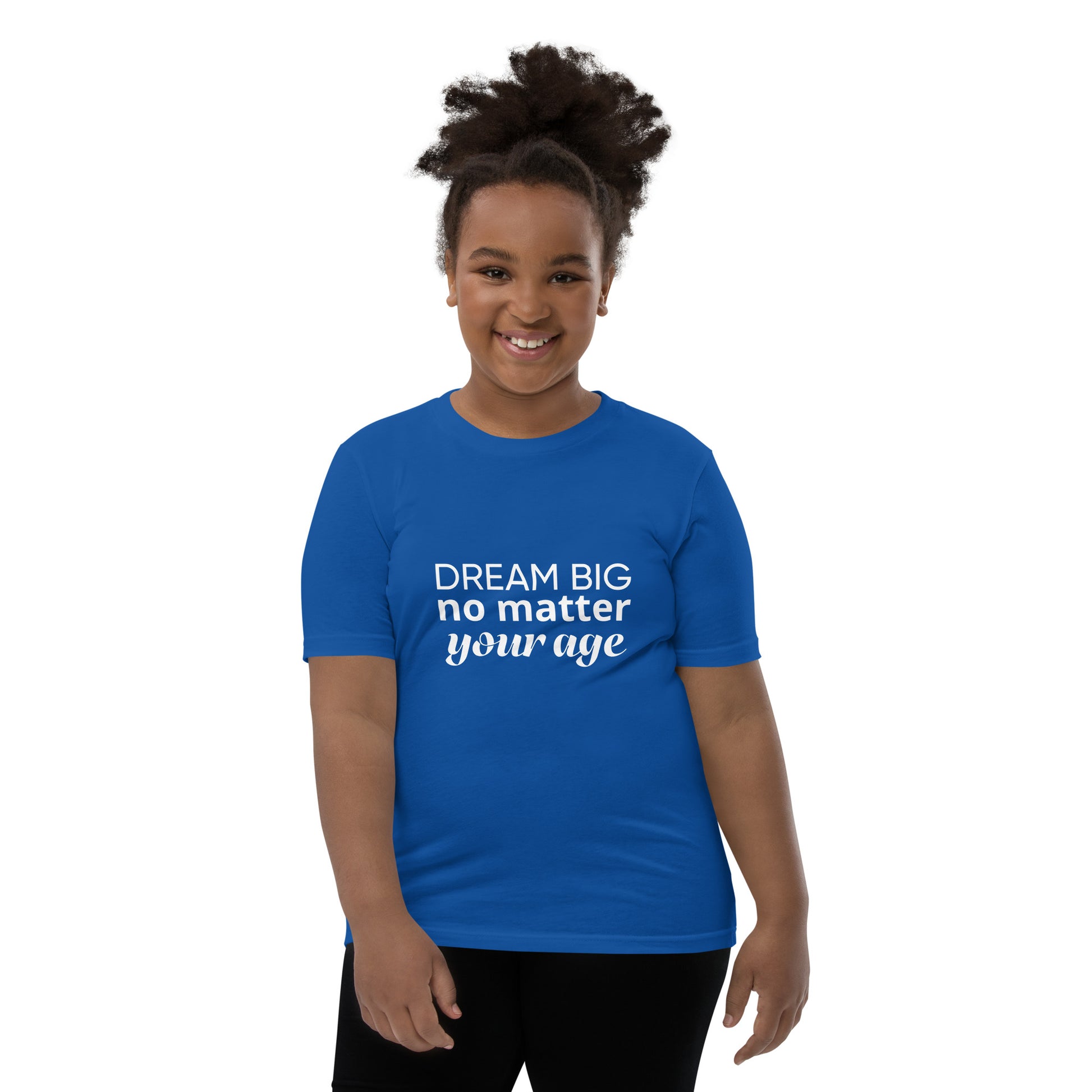 Royal blue youth t-shirt showcasing the message "Dream Big No Matter Your Age".