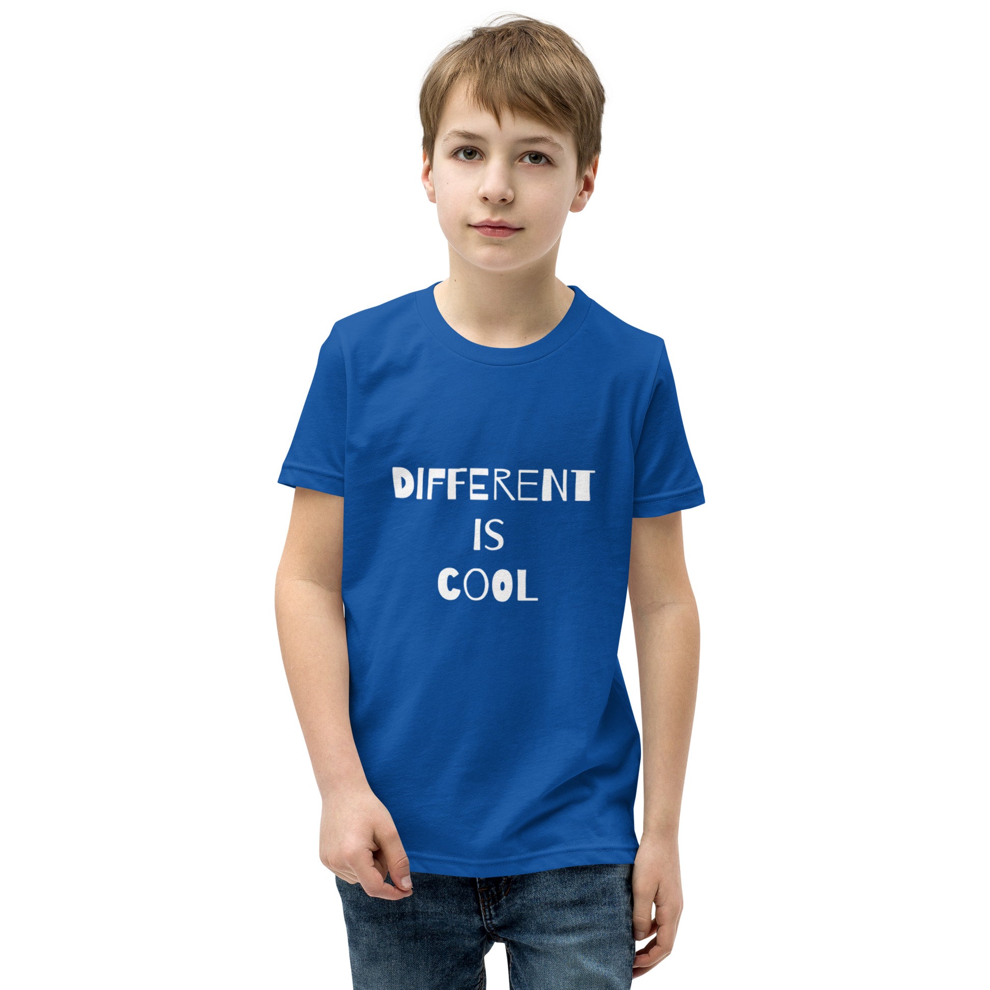 Royal blue youth t-shirt with the text "Different is Cool"
