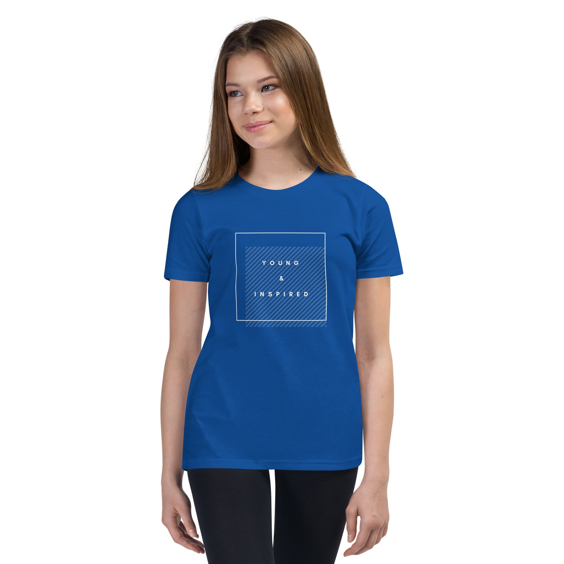 Royal blue youth t-shirt with the text "Young & Inspired", representing Crystel Patterson's "Inspired to Be..." children's book series.
