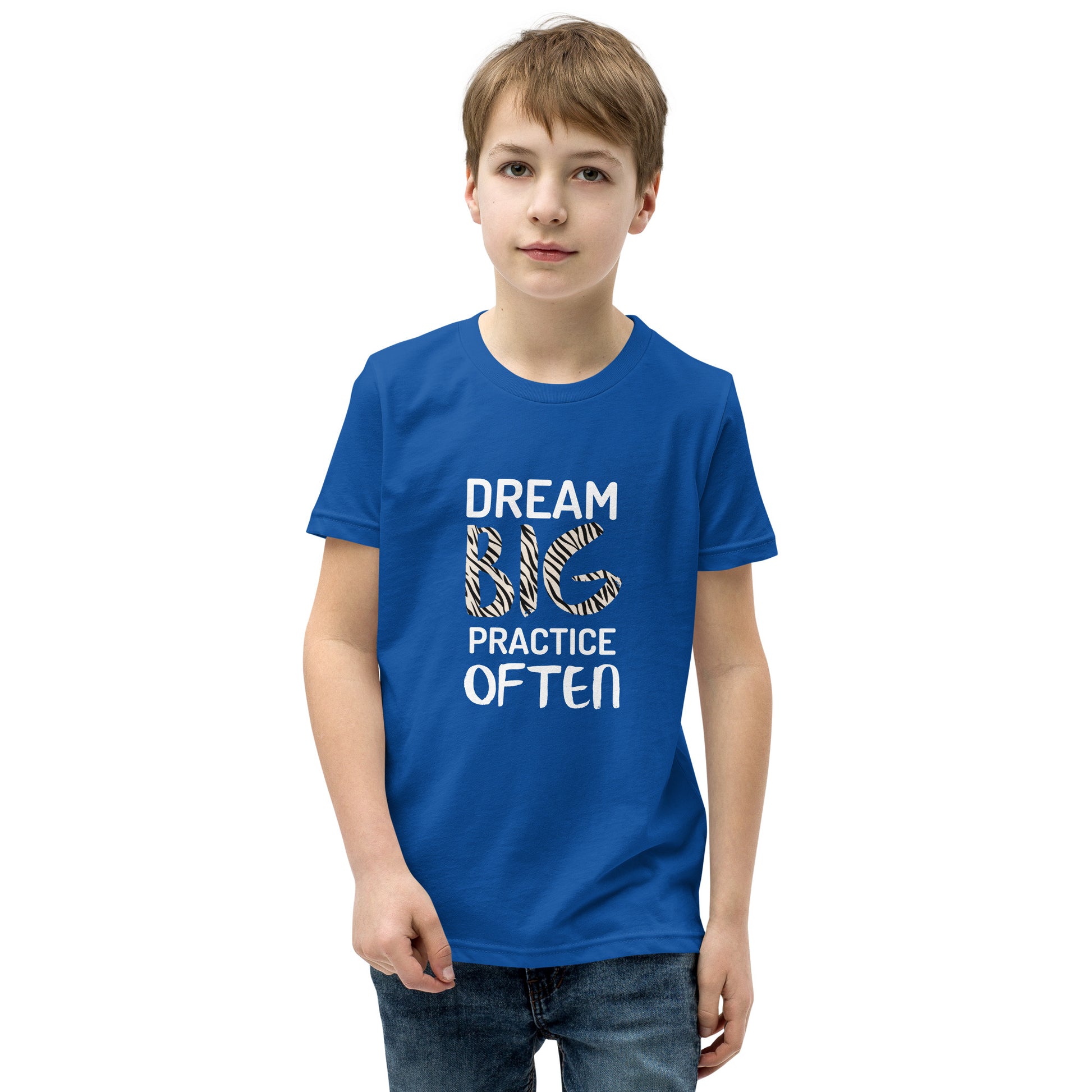 Royal blue youth t-shirt featuring the phrase "Dream Big, Practice Often".