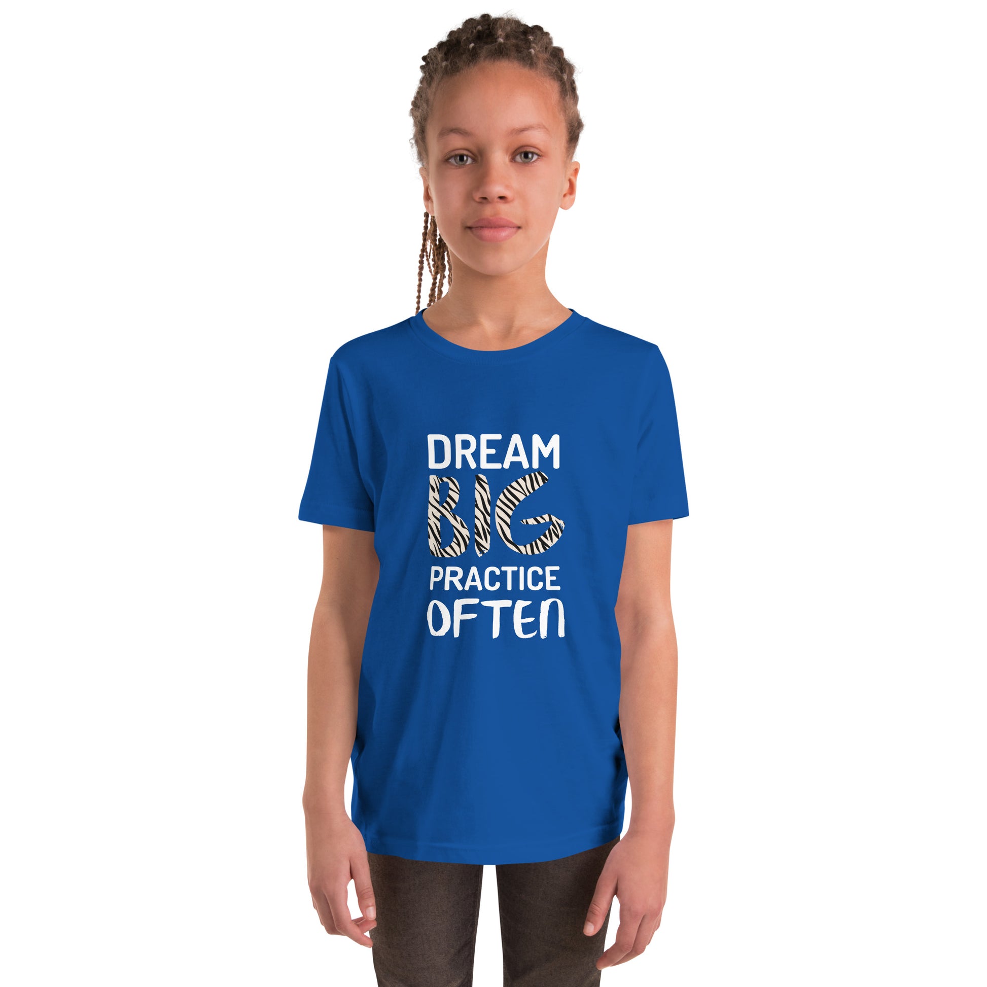 Royal blue youth t-shirt featuring the phrase "Dream Big, Practice Often".