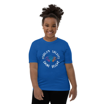 Royal blue youth t-shirt with the text "Problem Solvers Shine Bright"
