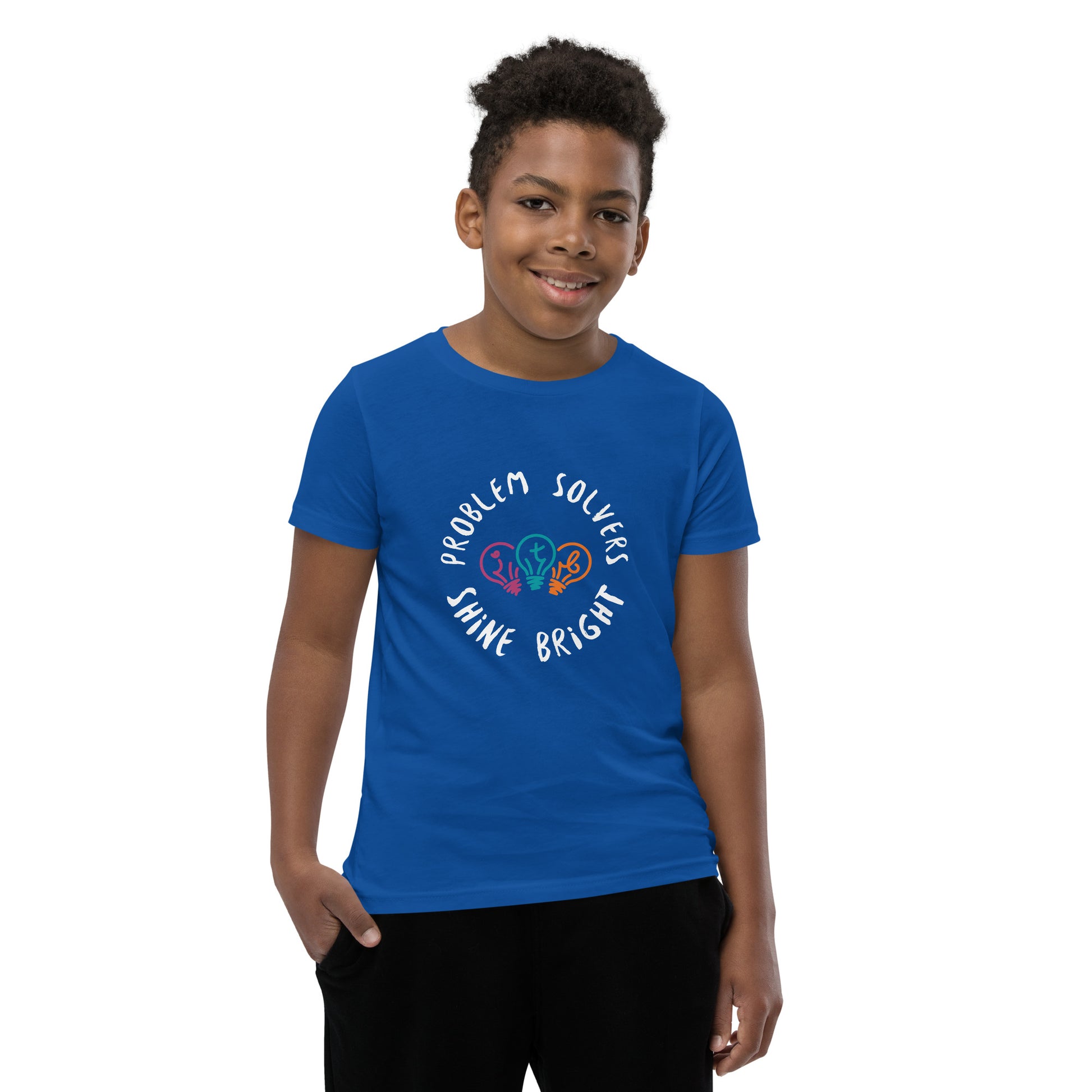 Royal blue youth t-shirt with the text "Problem Solvers Shine Bright"