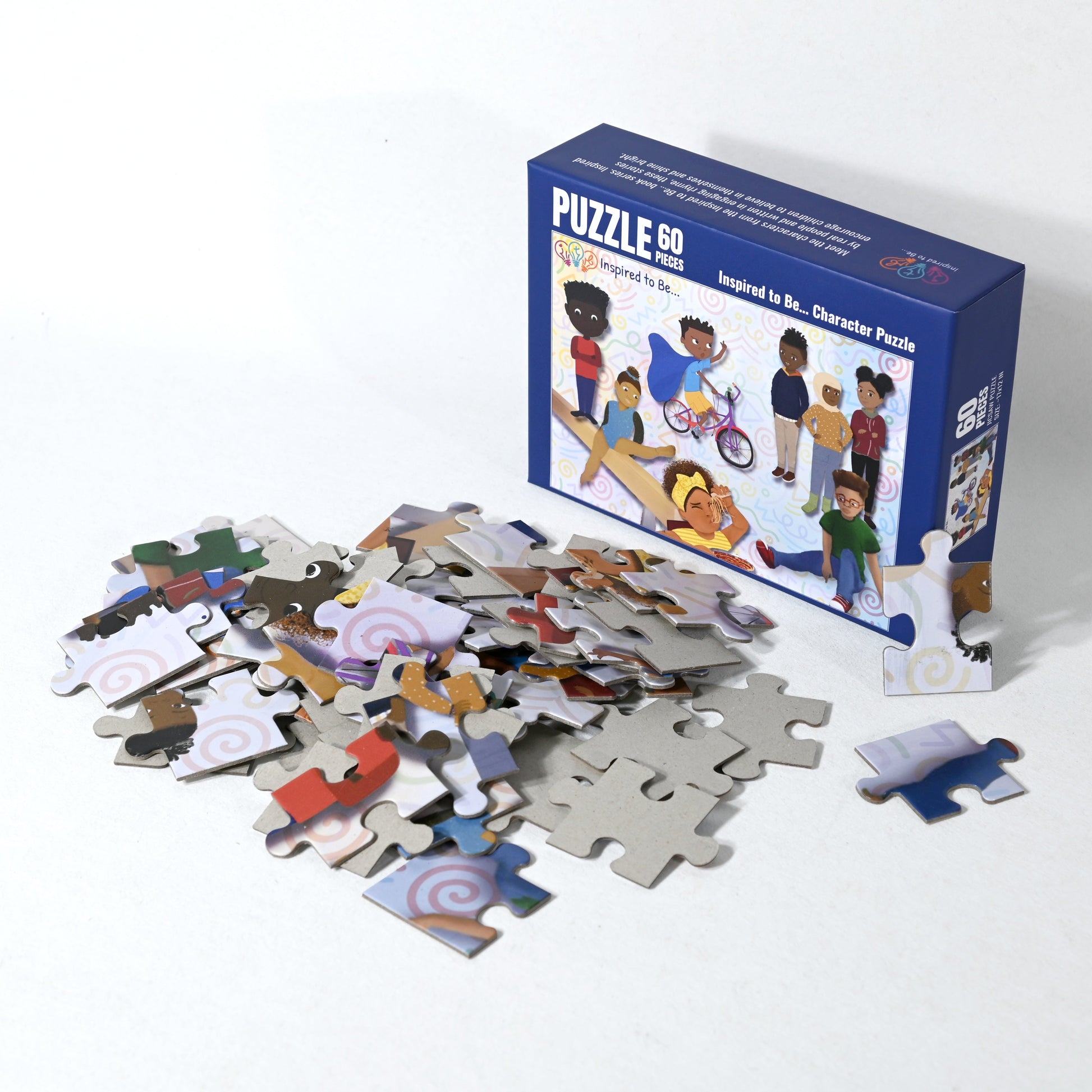 Puzzle set with pieces and packaging on a white background