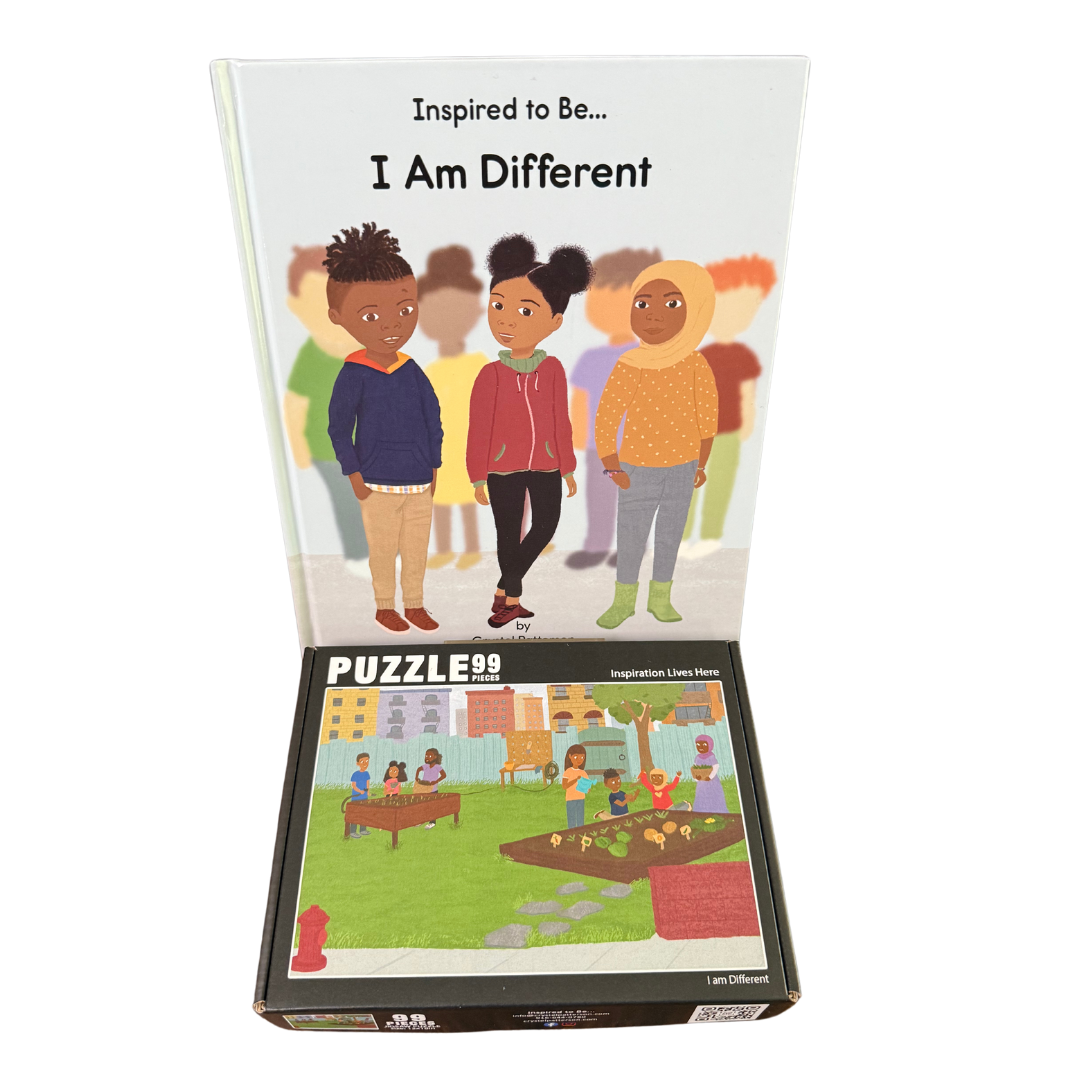 Bundle image showing the 'I Am Different' book cover alongside its interactive puzzle from Crystel Patterson, emphasizing themes of diversity and the message 'Different is Cool.'