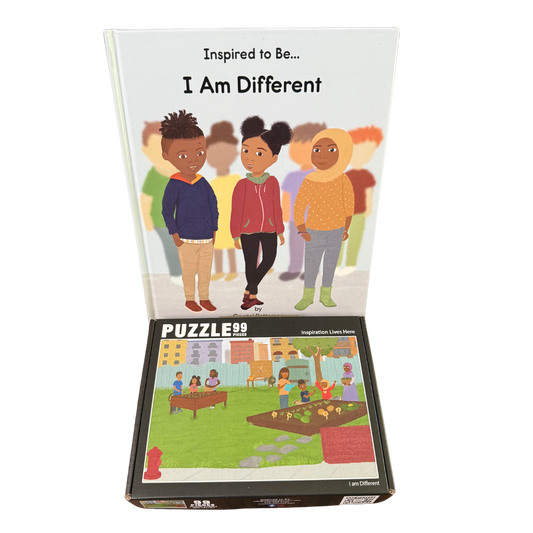 Bundle image showing the 'I Am Different' book cover alongside its interactive puzzle from Crystel Patterson, emphasizing themes of diversity and the message 'Different is Cool.'